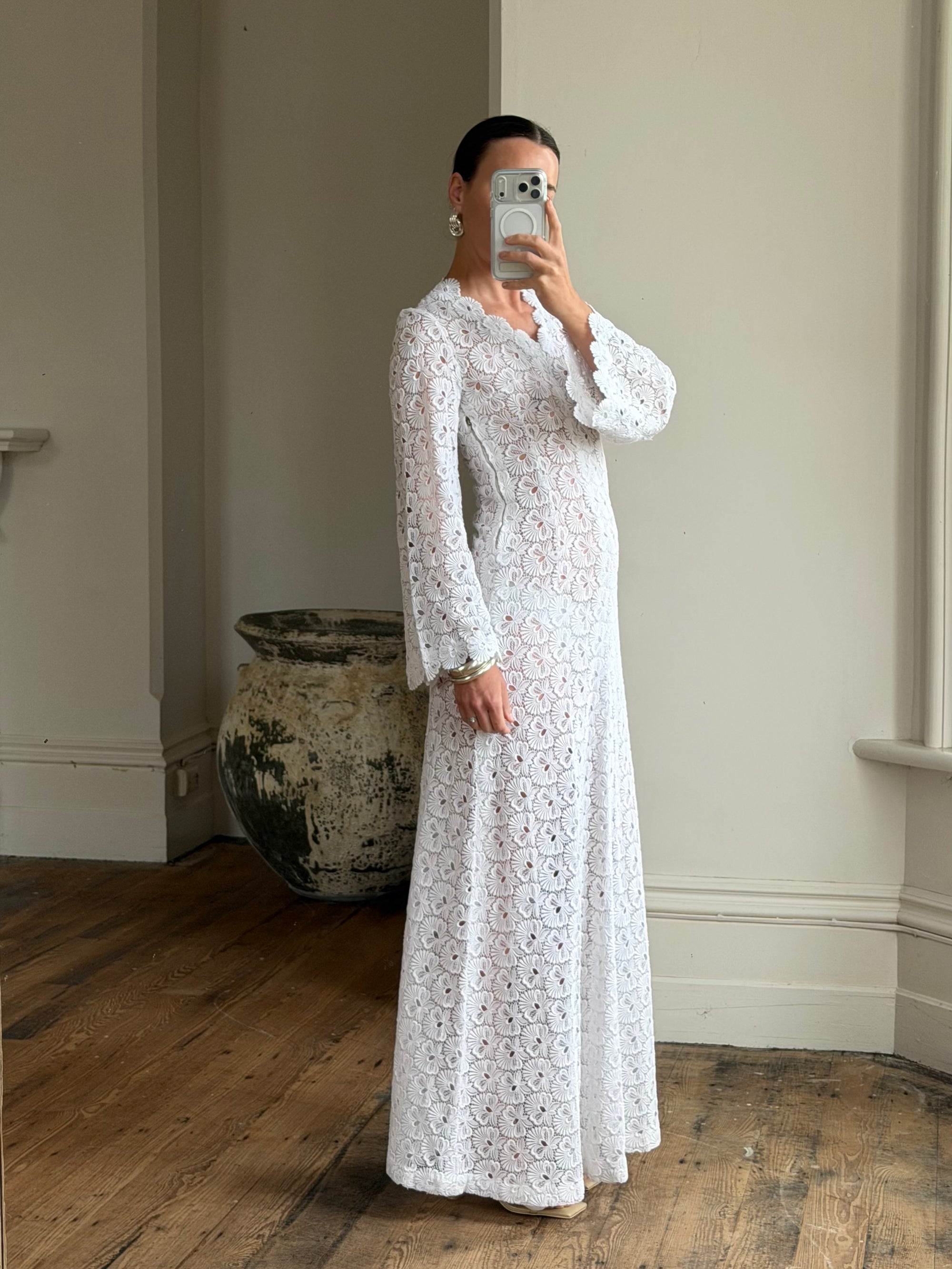 Vintage 60s Crochet Lace Long Sleeved Wedding Gown