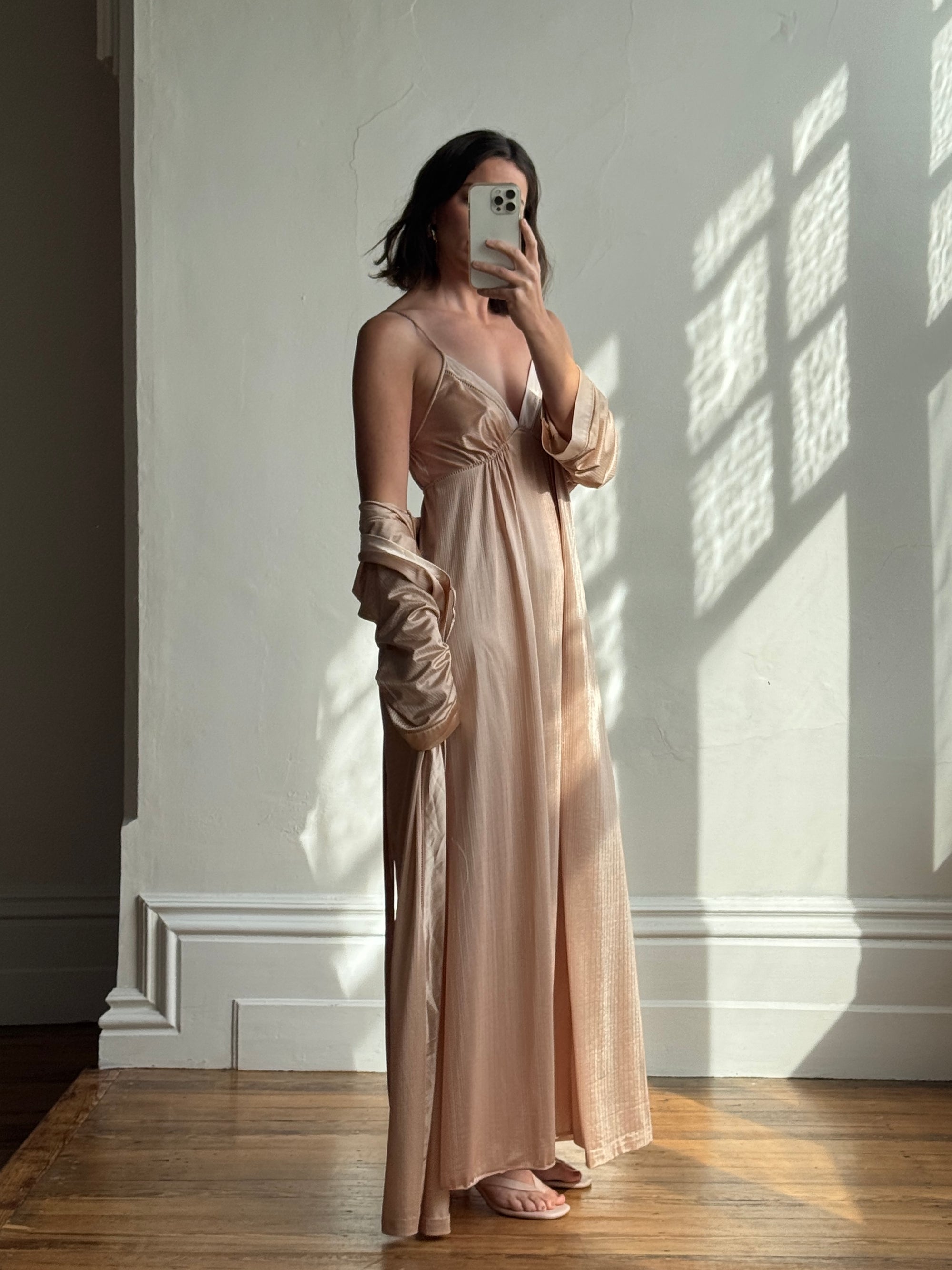 Vintage 80s Champagne Peach Robe and Slip Set