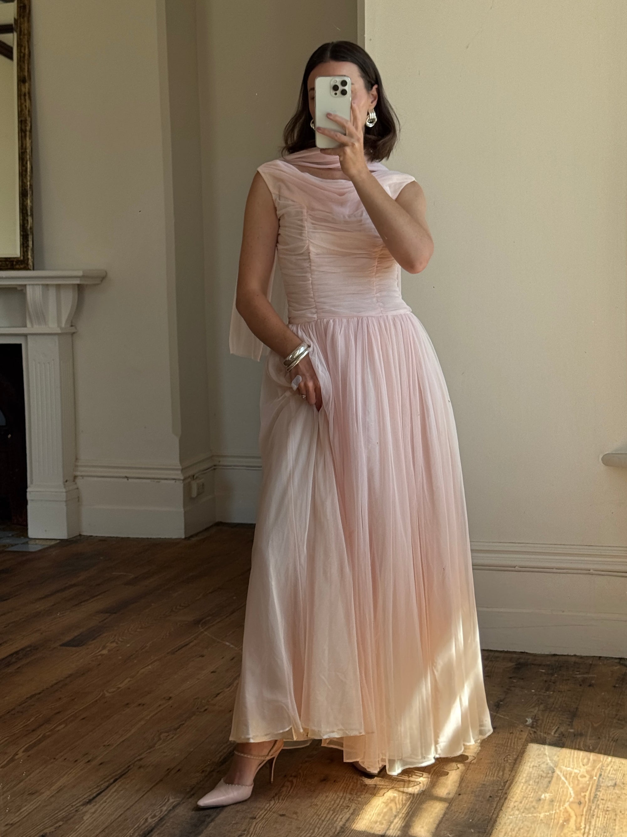Vintage 60s Chiffon Gathered Pale Pink Maxi Gown