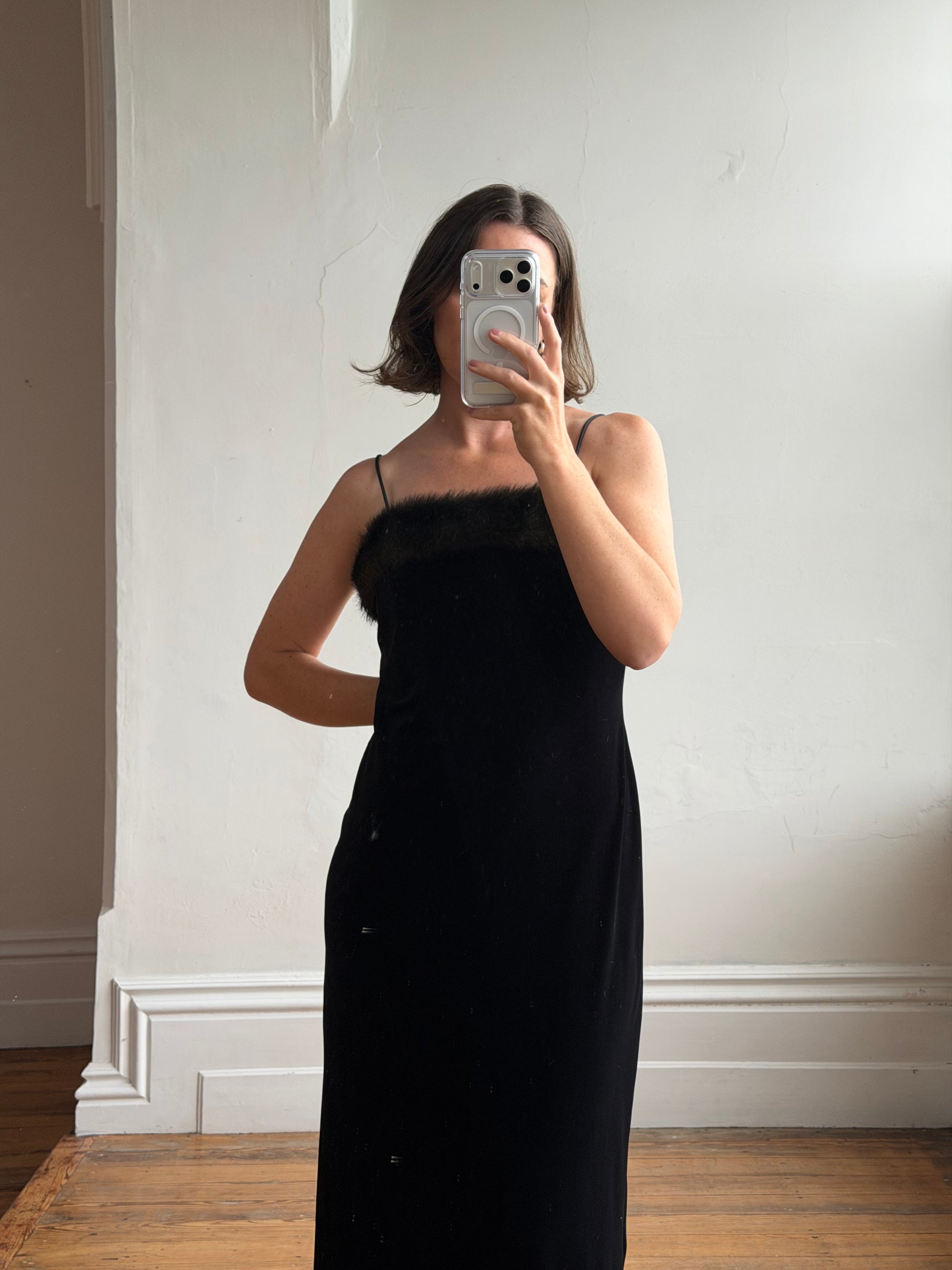 Vintage 90s Velvet Bodycon Maxi Dress with Fur Trim