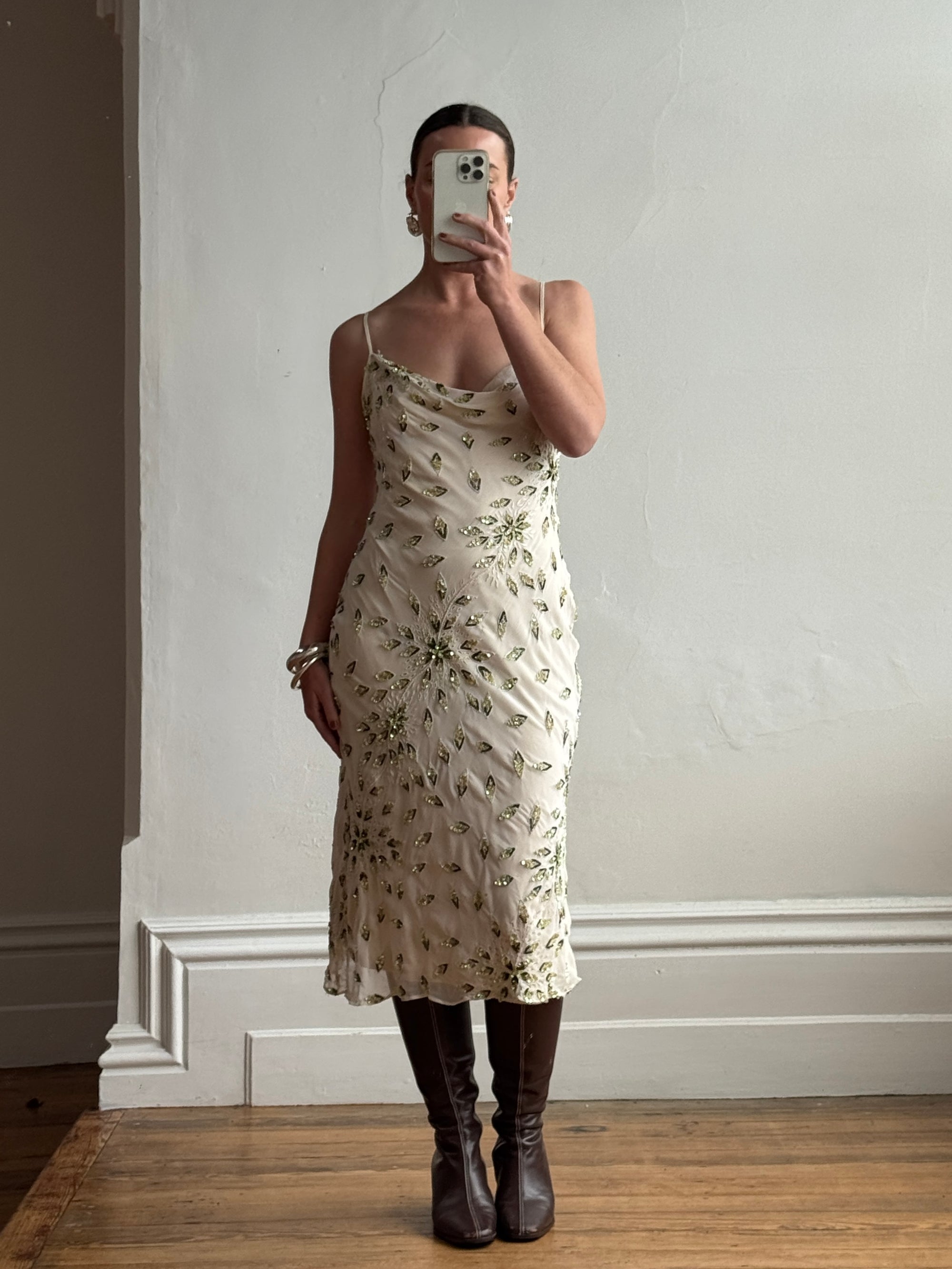 Vintage 90s Pure Silk Sequin Leaf Cowl Neck Dress Call Me The Breeze Vintage 90s Pure Silk Sequin Leaf Cowl Neck Dress Call Me The Breeze