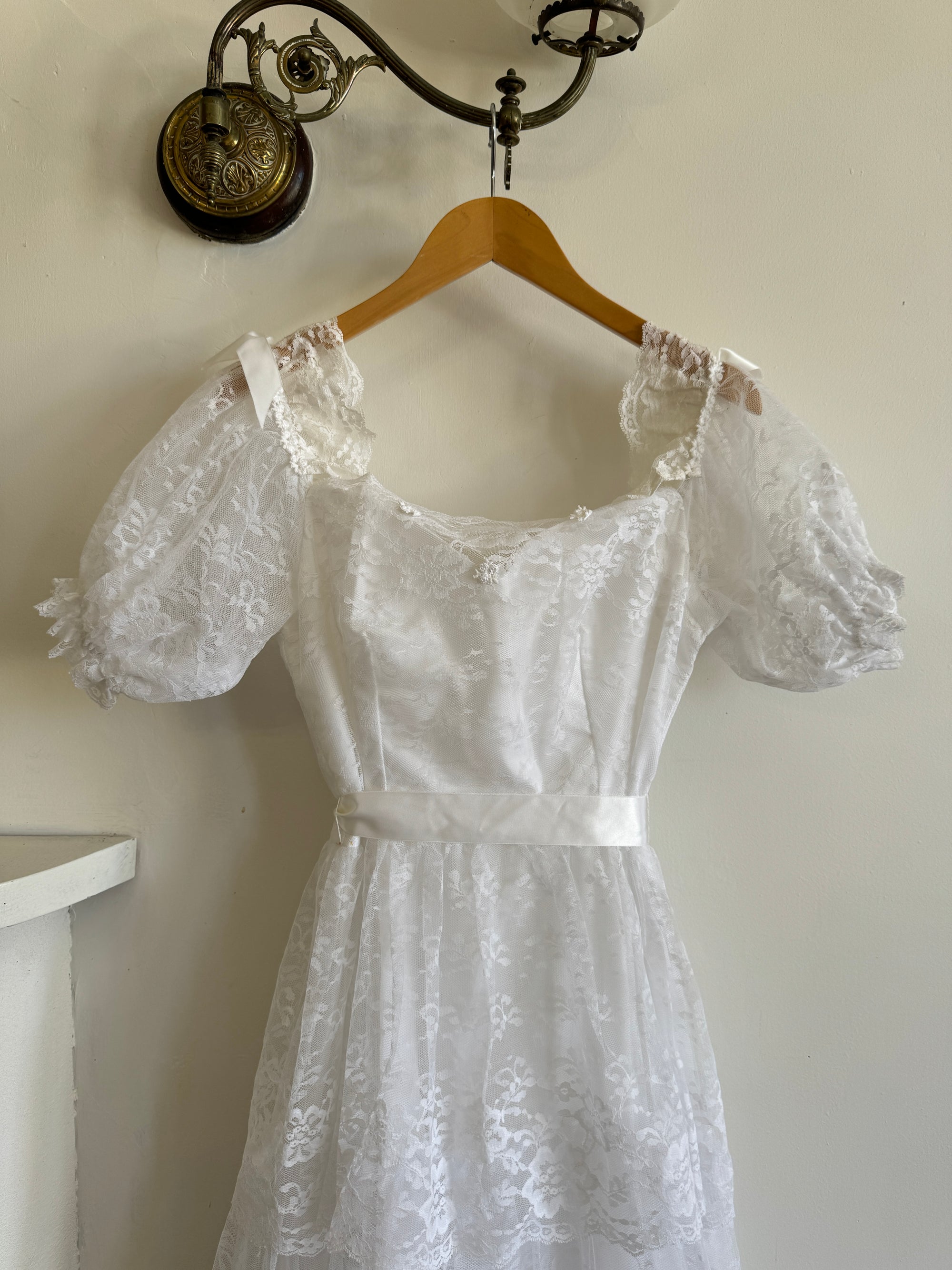 Vintage 70s Tiered Lace Wedding Dress With Ribbon