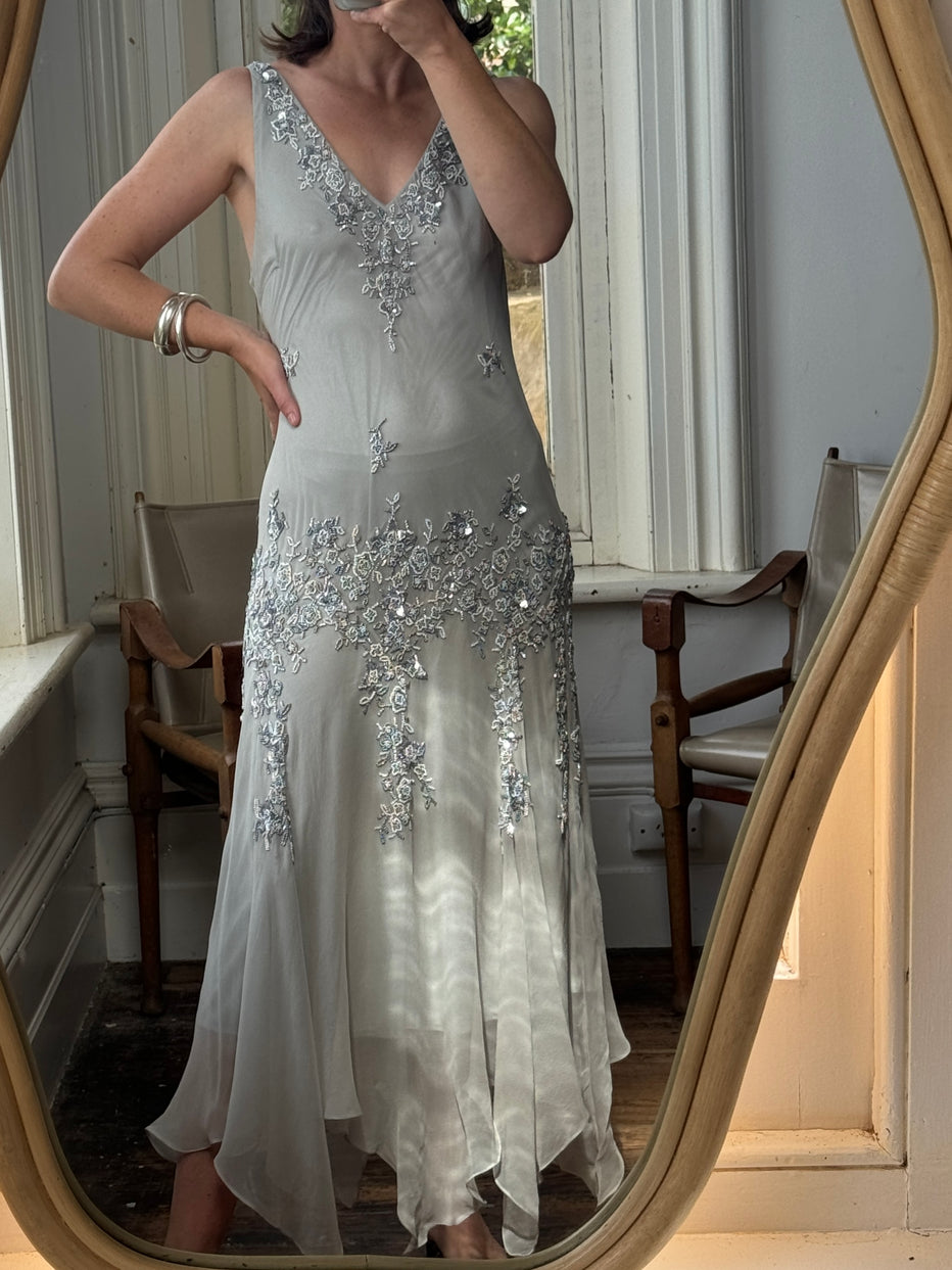 Vintage 90s Pure Silk Beaded V Neck Dress Light Grey – Call Me The Breeze