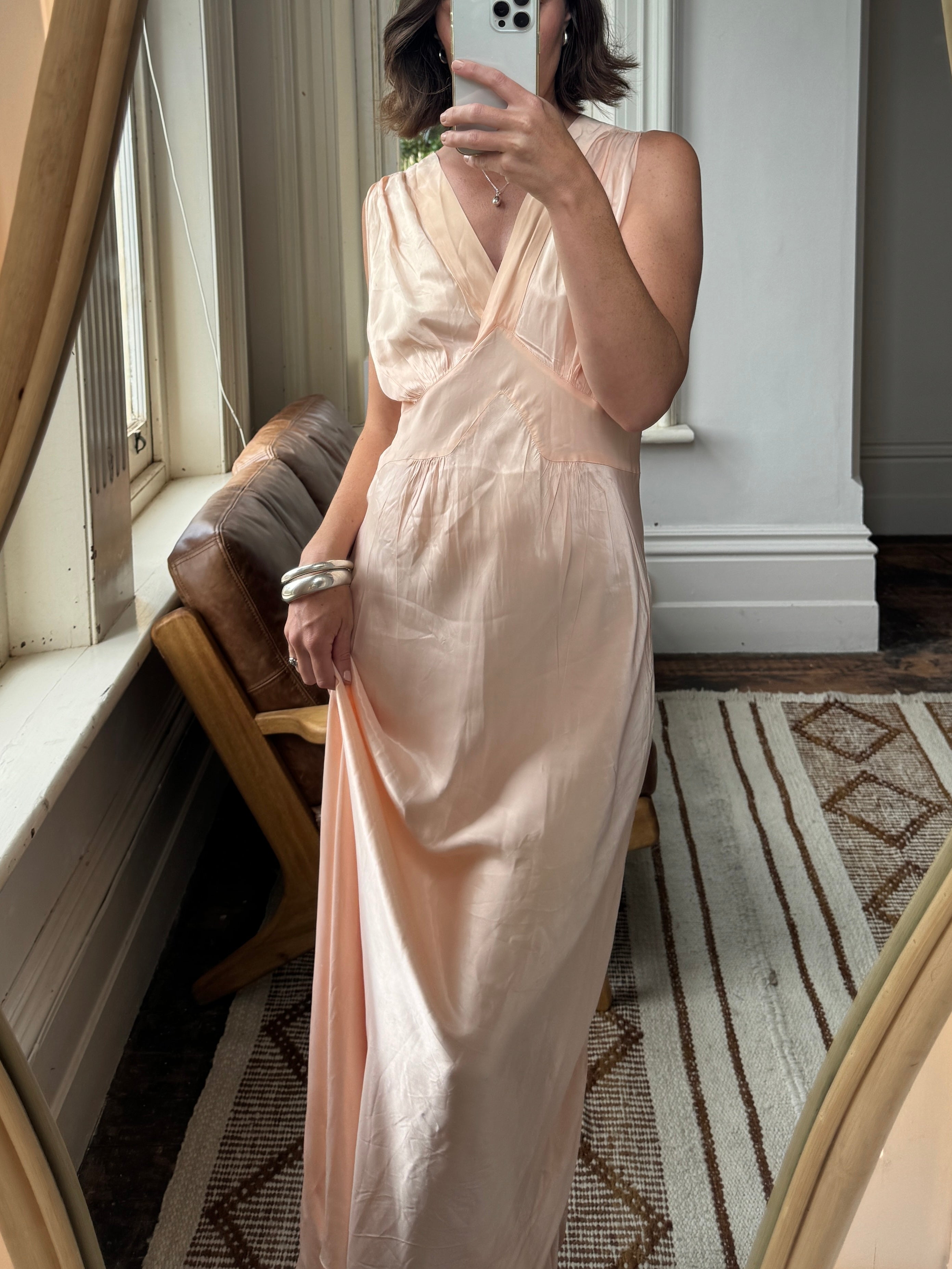 Vintage Liquid Satin V Neck Slip Dress Peach