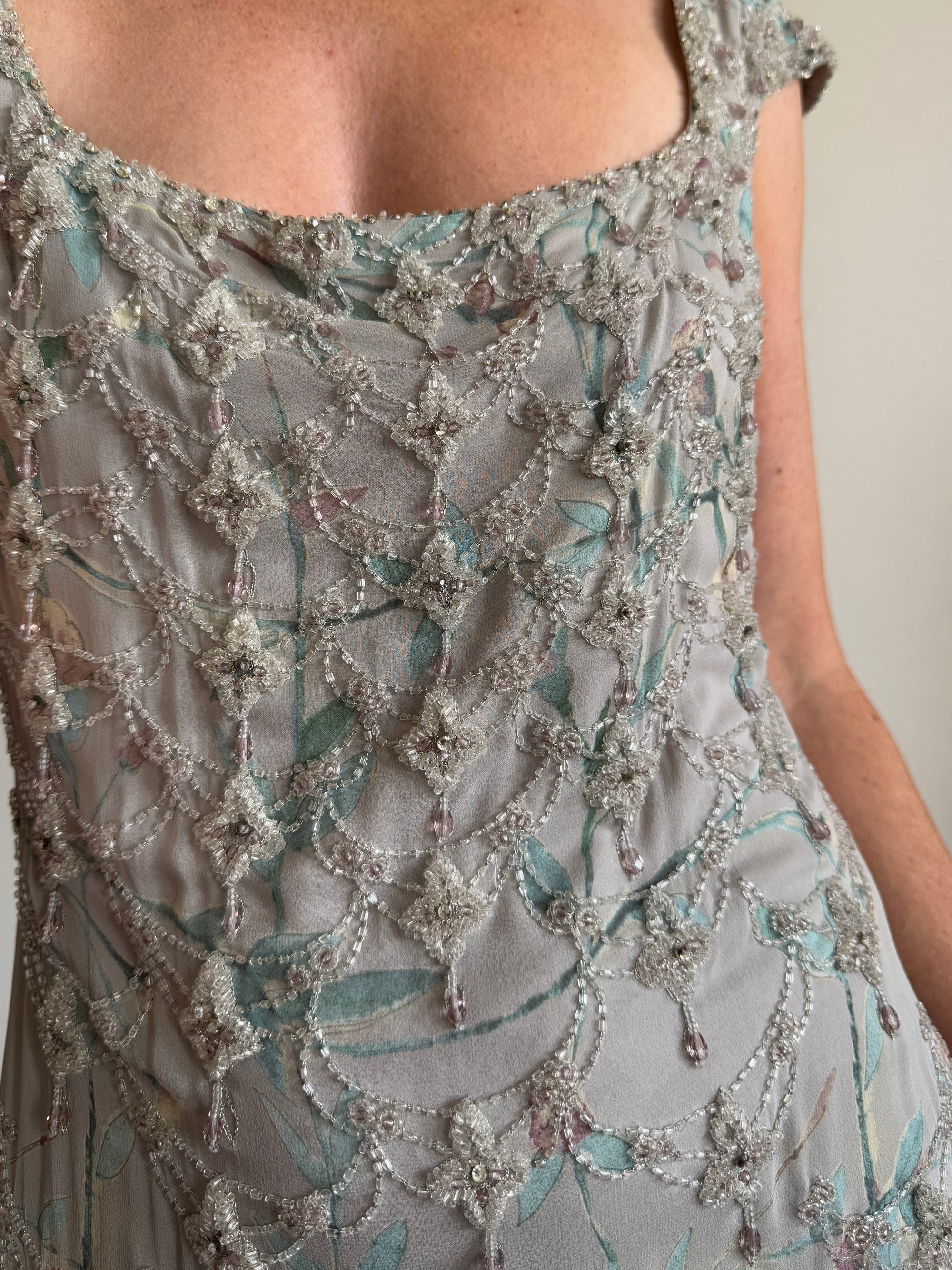 Vintage 90s Badgley Mischka Silver Pure Silk Embellished Gown