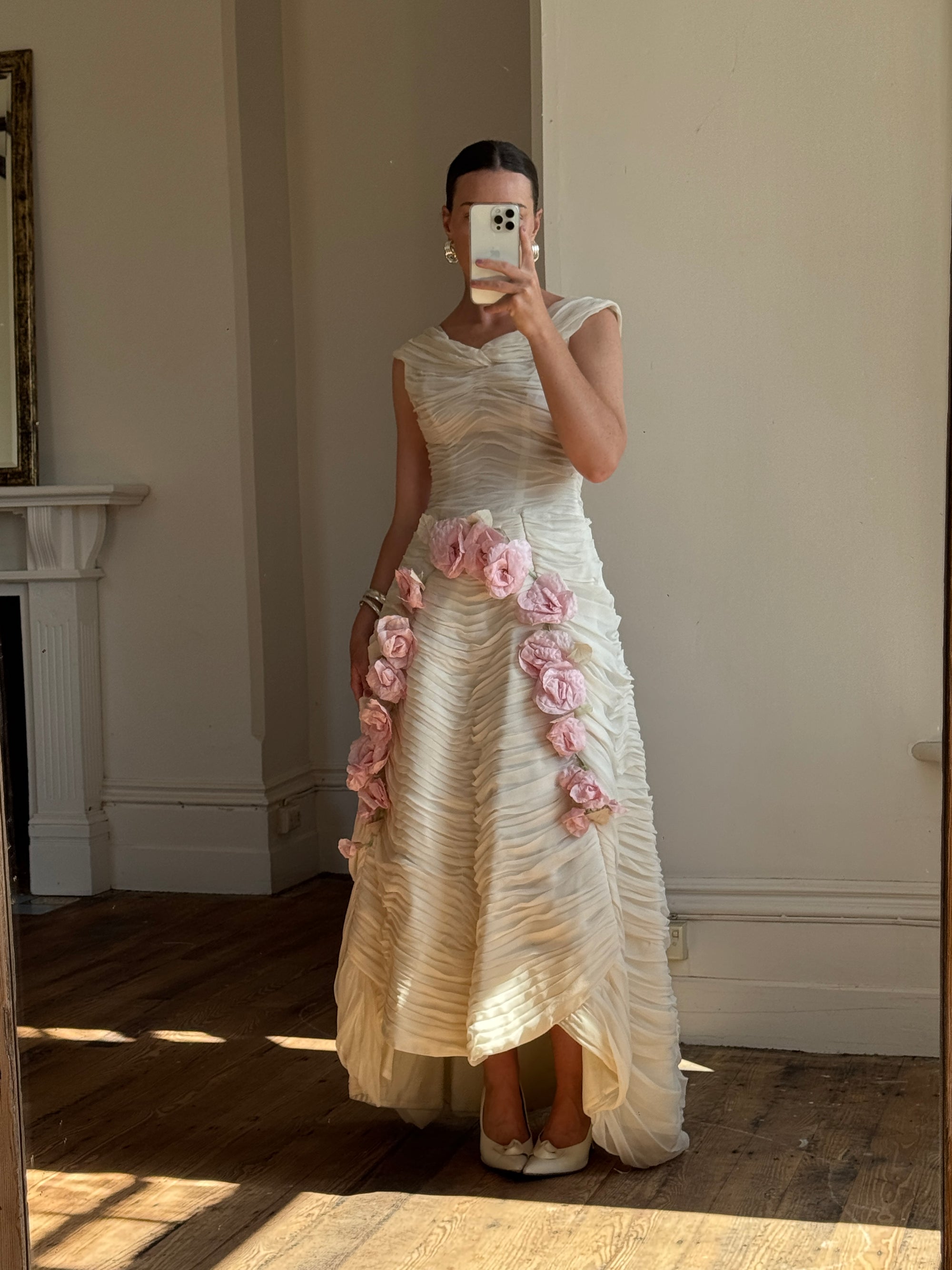 Vintage 60s Silk Pleated Wedding Gown with Pink Flowers
