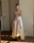 Vintage 60s Silk Pleated Wedding Gown with Pink Flowers