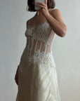 Vintage 90s Italian Nude Floral Beaded Silk Organza Wedding Gown