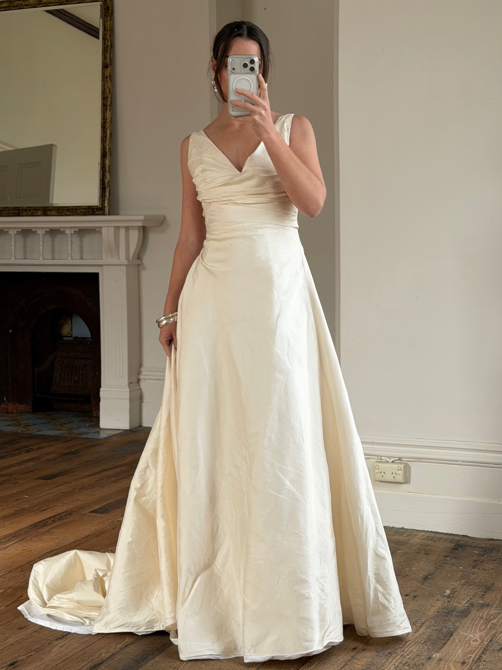 Vintage 90s Ivory Silk V-Neck A-Line Wedding Gown
