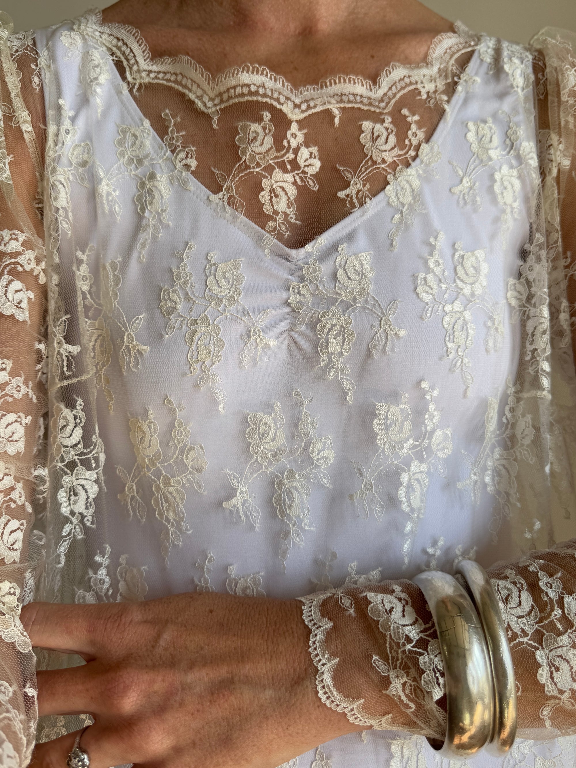 Vintage 80s Sheer Lace Fluted Wedding Dress