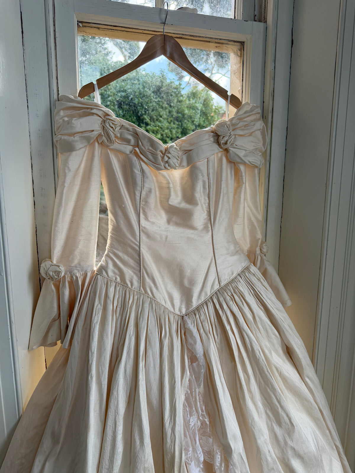 Vintage 90s Silk Dupion Off Shoulder Rosette Bridal Ballgown