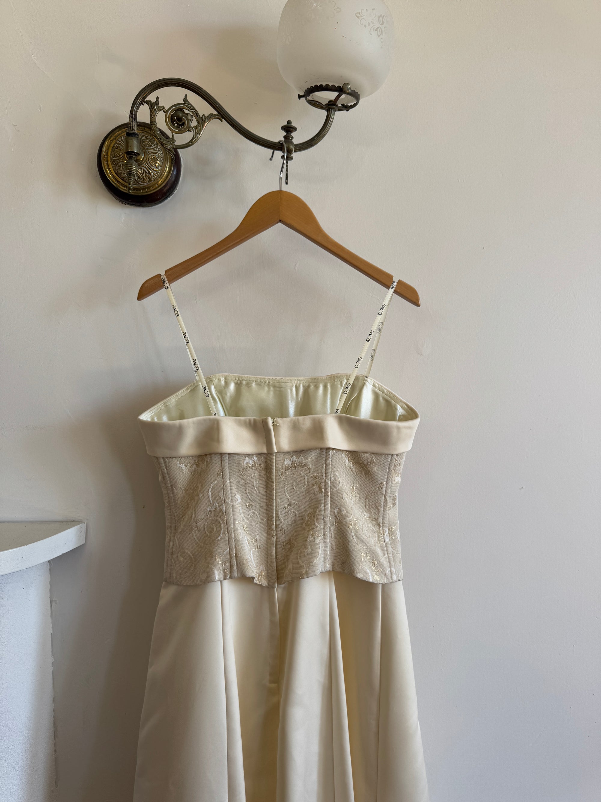 Vintage 90s Light Golden Brocade Strapless Satin Wedding Dress