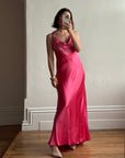 Vintage 90s Pure Silk Bias Cut Slip Dress With Rhinestones Hot Pink