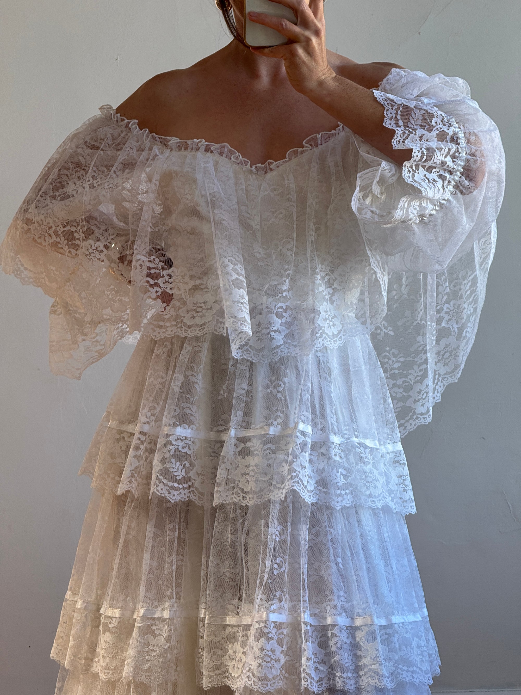 Vintage 70s Tiered Lace Ruffle Wedding Gown