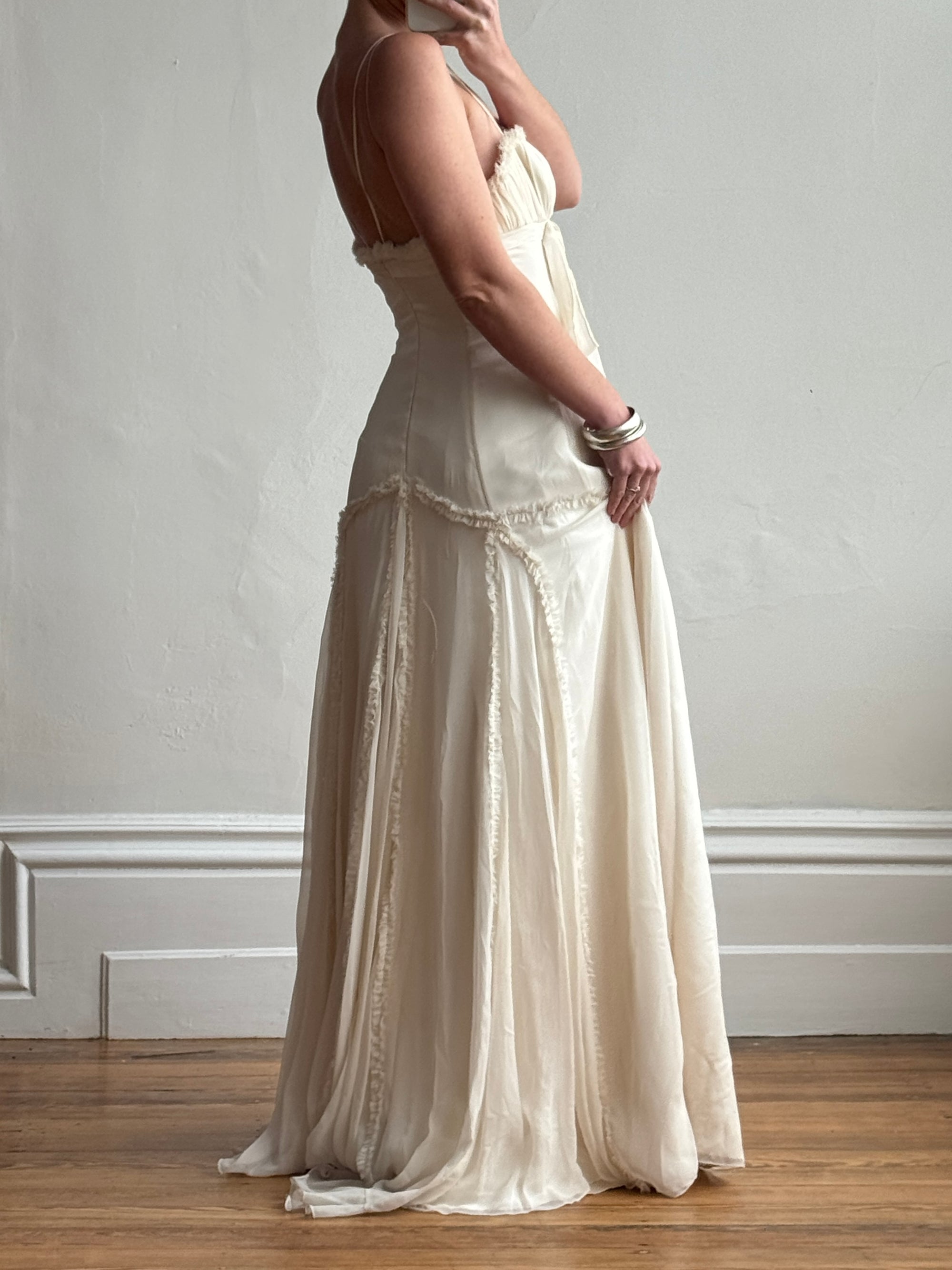 Vintage 90s Silk Chiffon Empire Wedding Gown Creme