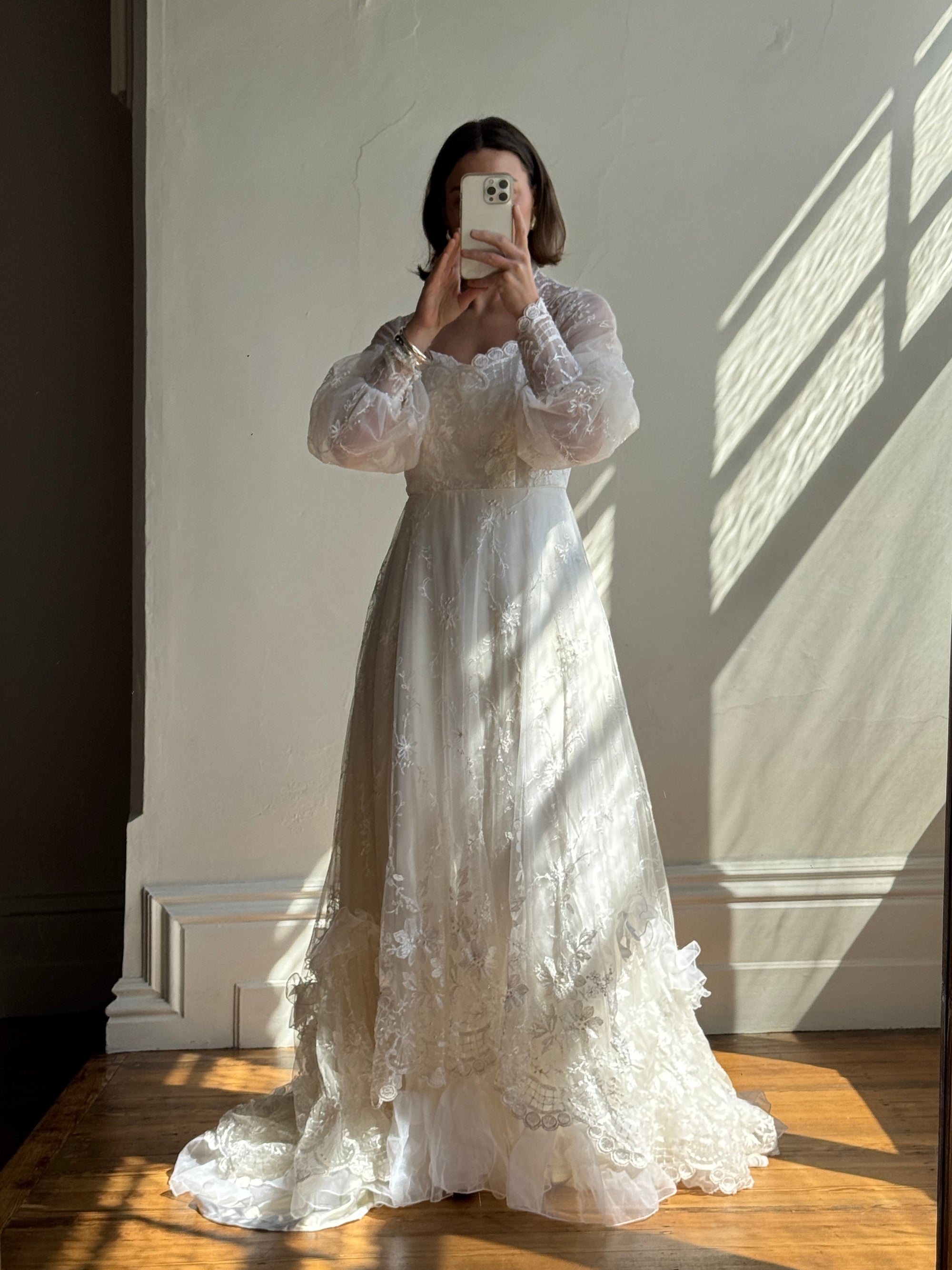 Vintage 70s Embroidered Prairie Long Sleeved Wedding Gown