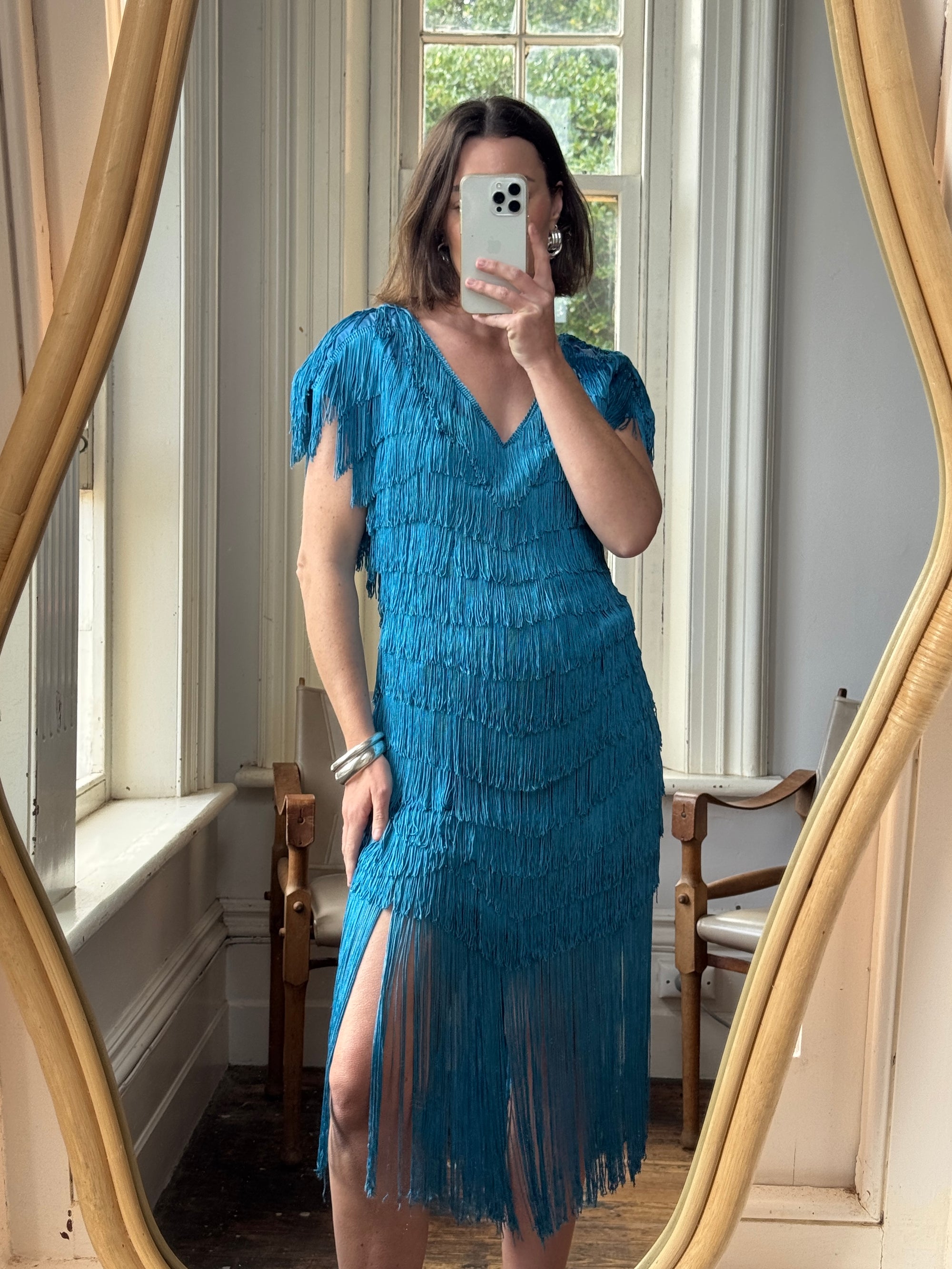 Vintage 80s Fringe Party Dress Ocean Blue