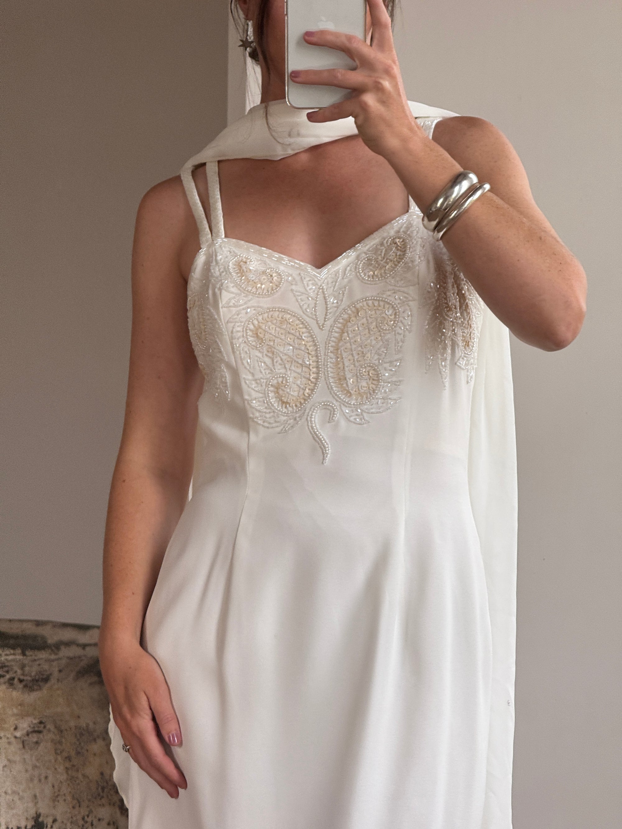 Vintage 90s Crepe Beaded Column Bridal Slip