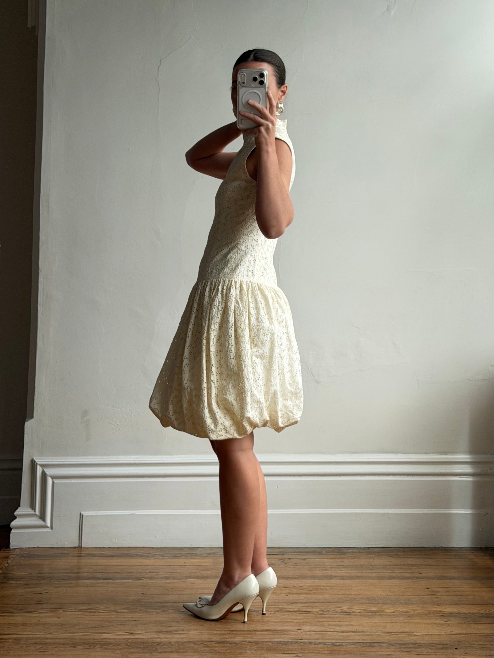 Vintage 90s Cream Broderie Anglaise Bubble Mini Dress