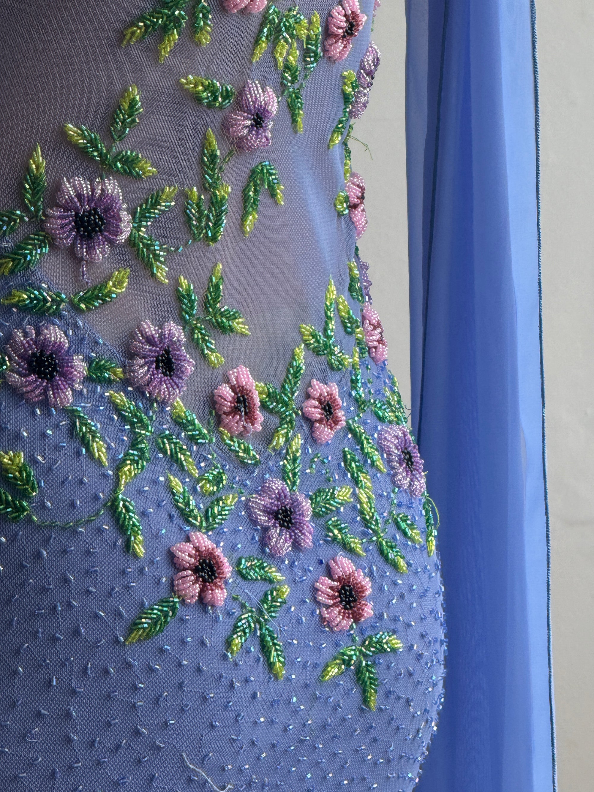 Vintage 90s Cornflour Blue Beaded Evening Gown With Scarf