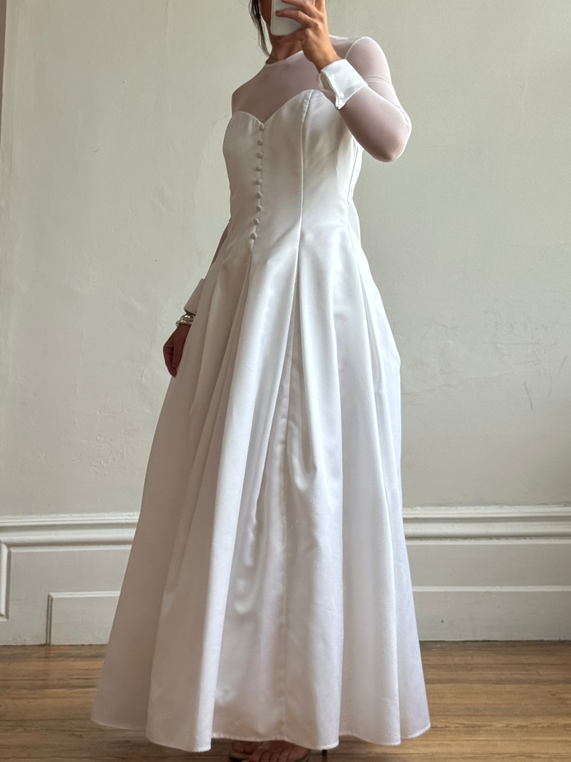 Vintage 90s Tailored Mesh Long Sleeved Wedding Gown