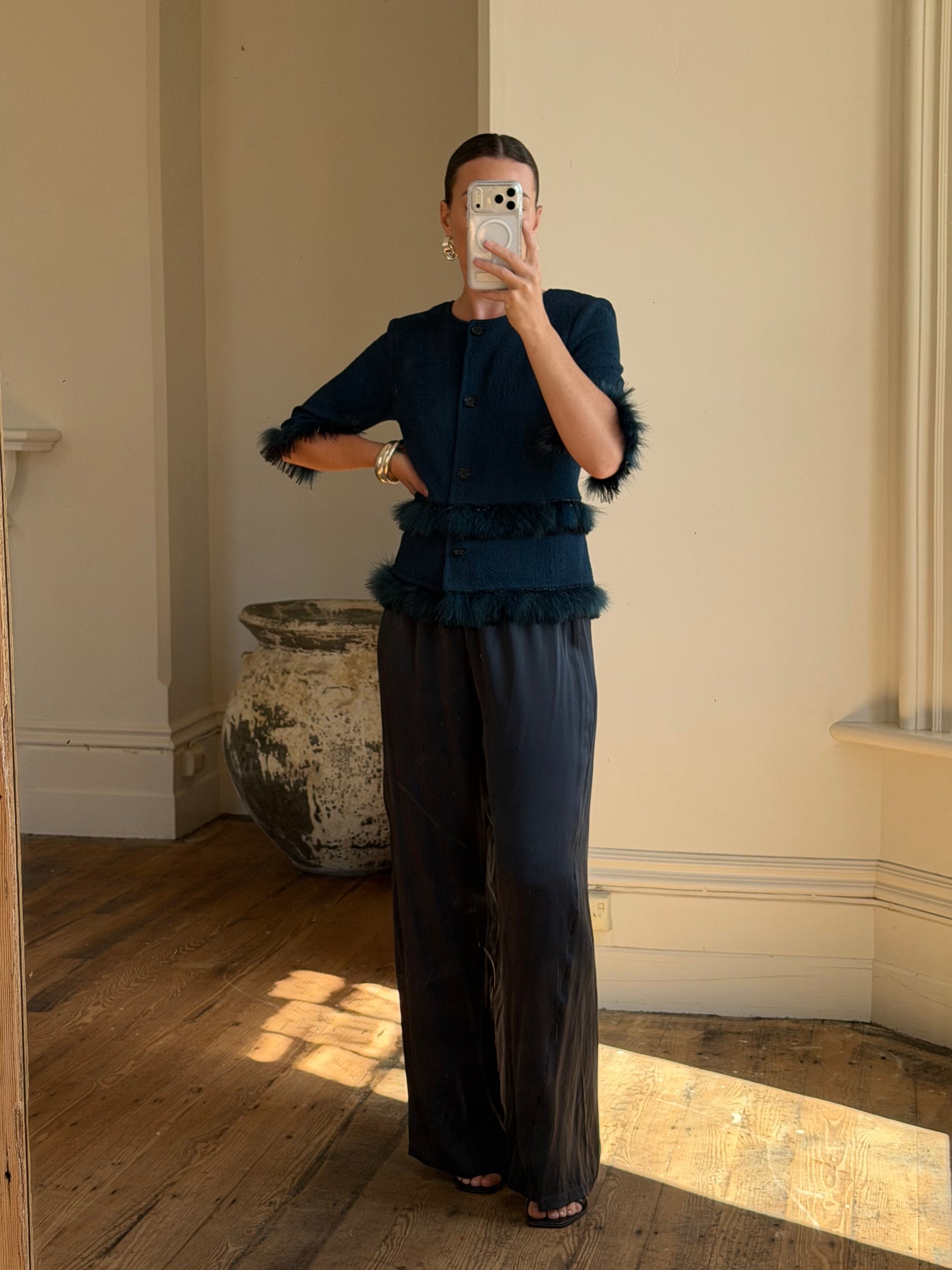 Vintage 90s Couture Ostrich Feather Jacket Navy