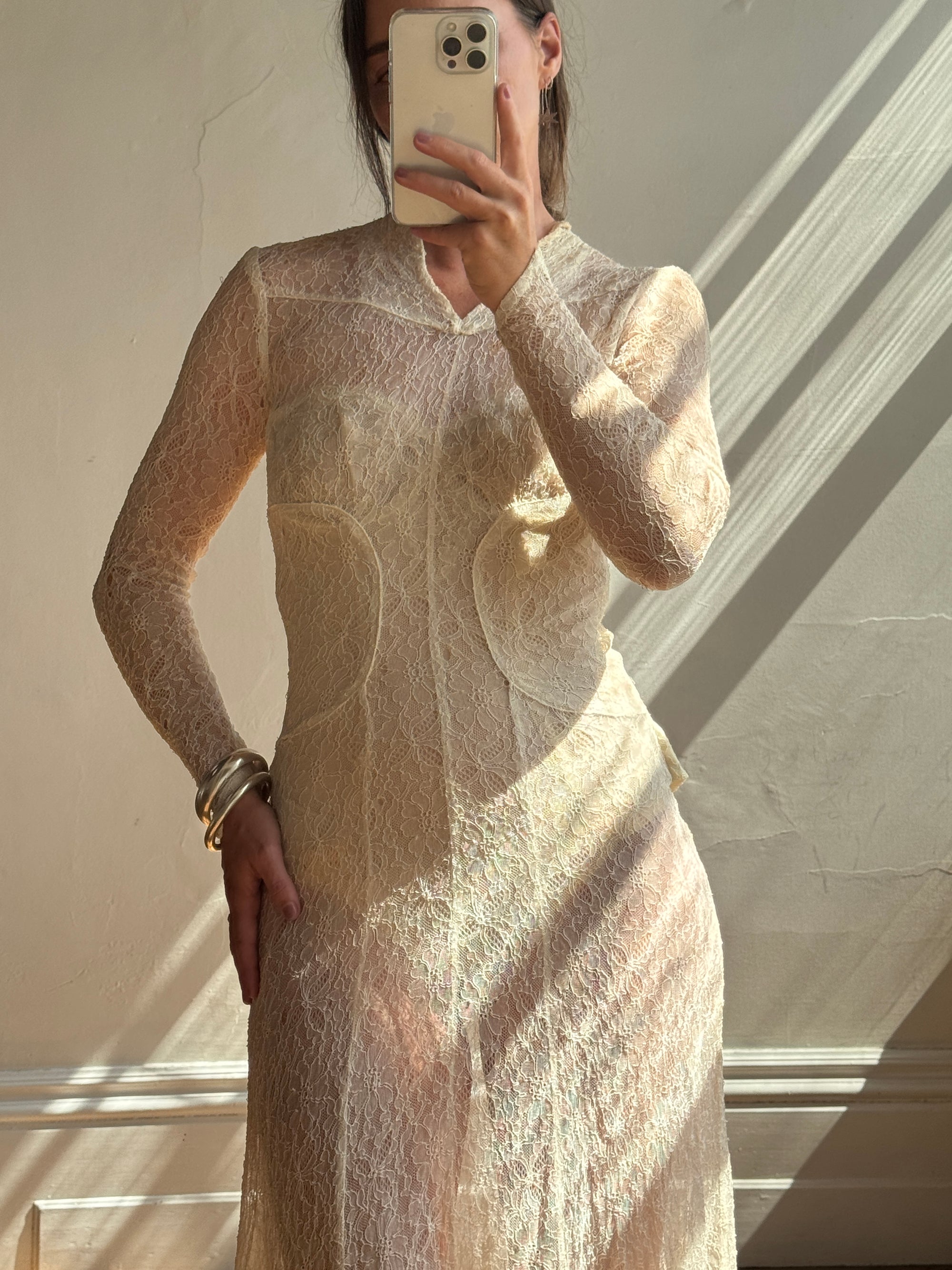 Vintage 20s Sheer Lace Bias Cut Wedding Gown