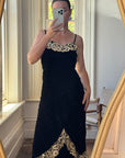 Vintage 40s Velvet Bias Strappy Dress with Lace Trim Noir