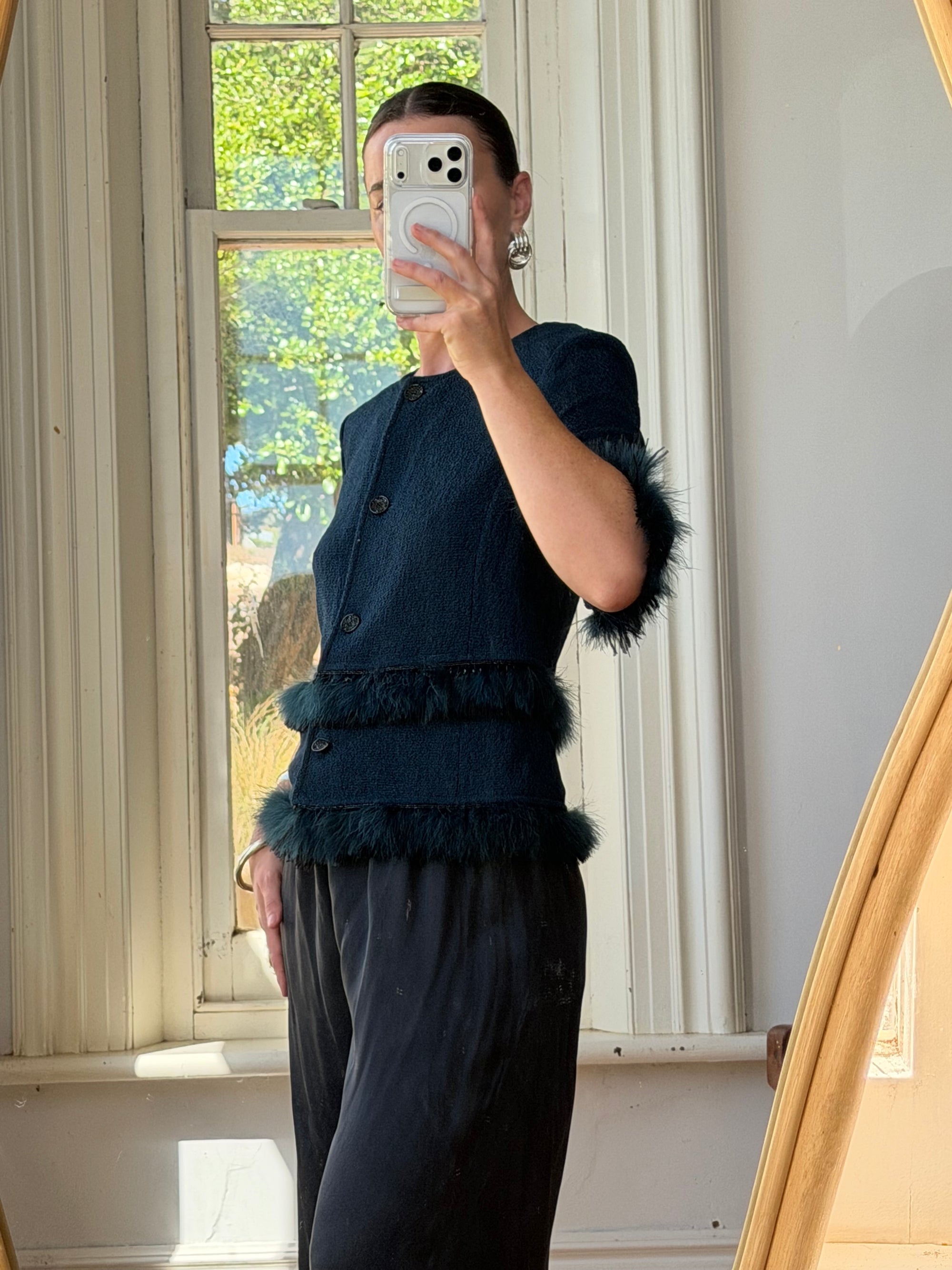 Vintage 90s Couture Ostrich Feather Jacket Navy