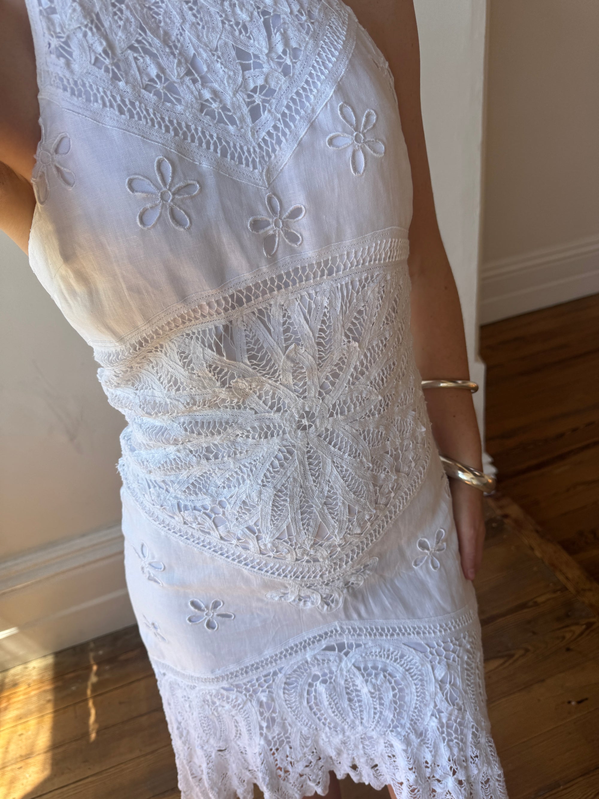 Vintage 90s Crochet Linen Handkerchief Halter Dress