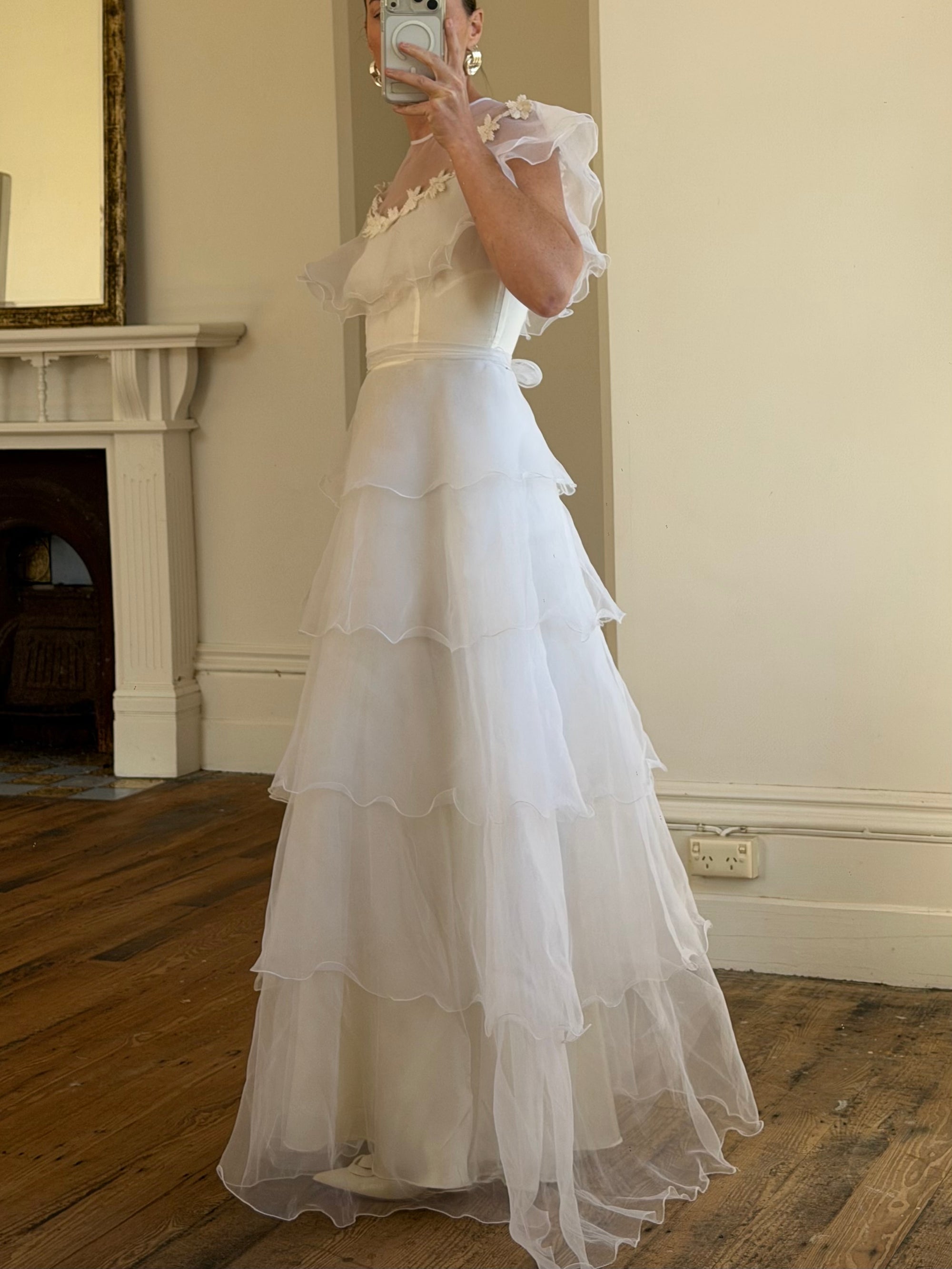 Vintage 70s Tiered Organza Prairie Daisy Wedding Dress