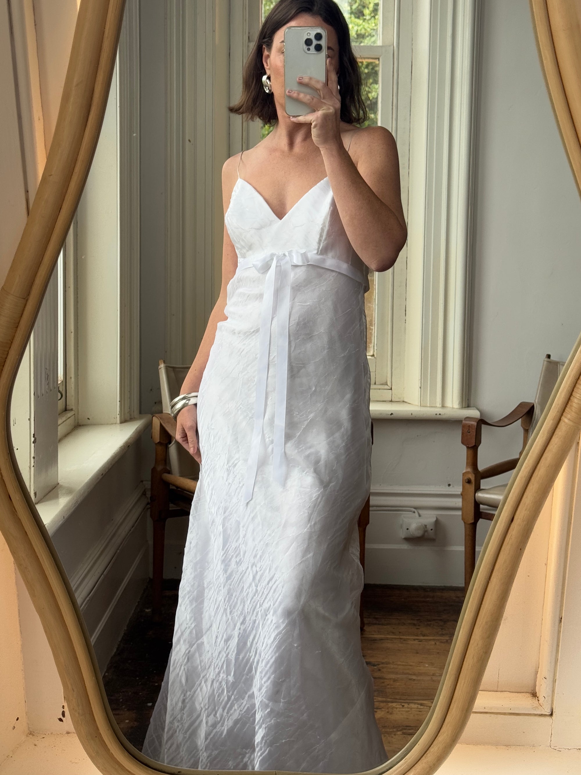 Vintage 90s Crinkle Organza Slip Wedding Dress with Bow White
