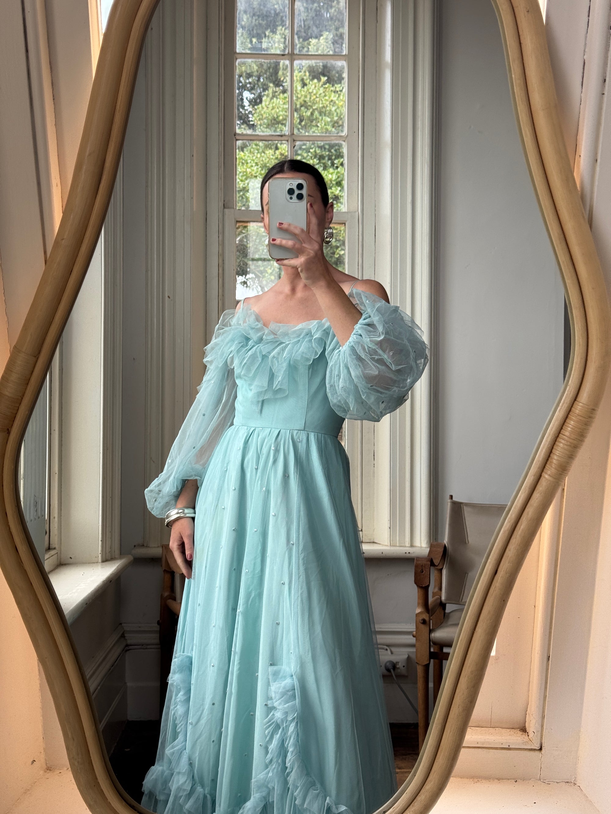 Vintage 80s Sky Blue Tulle Off Shoulder Party Dress