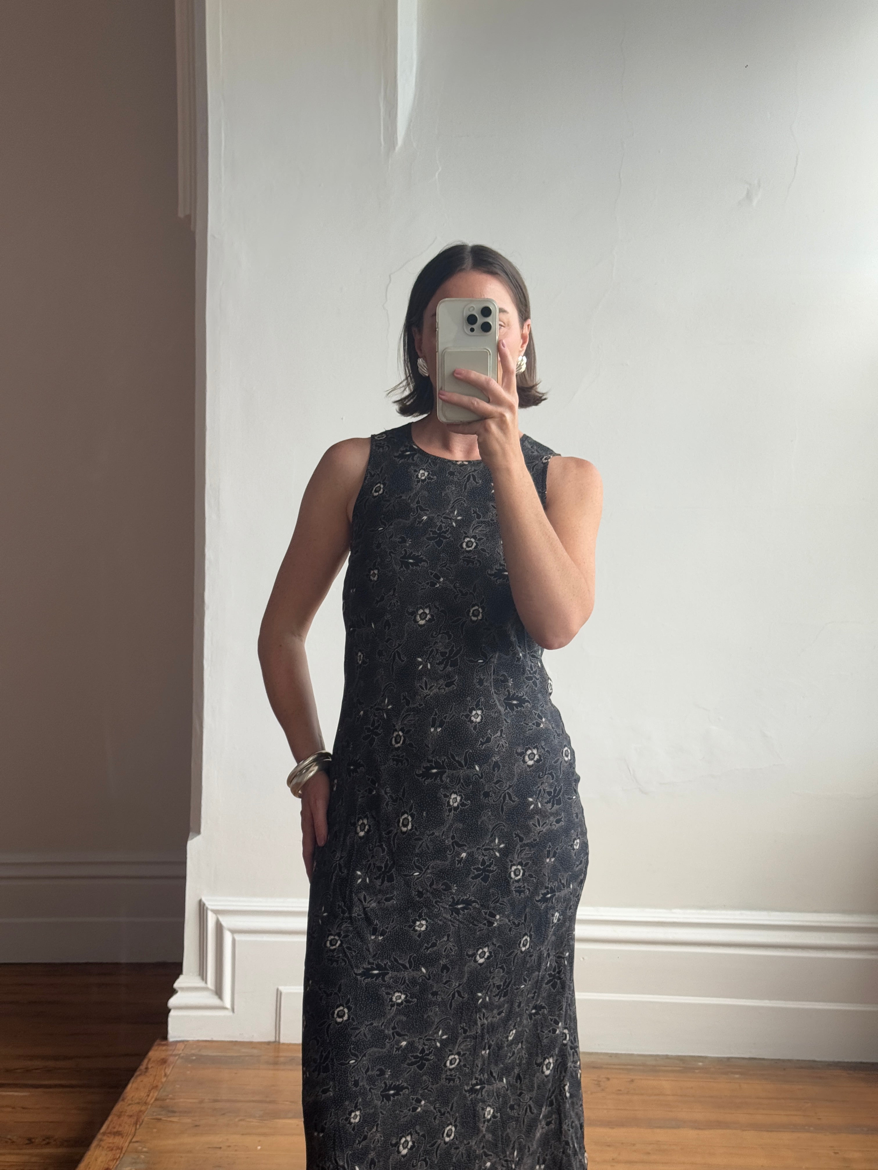 Vintage 90s Bias Cut Day Dress Black Floral