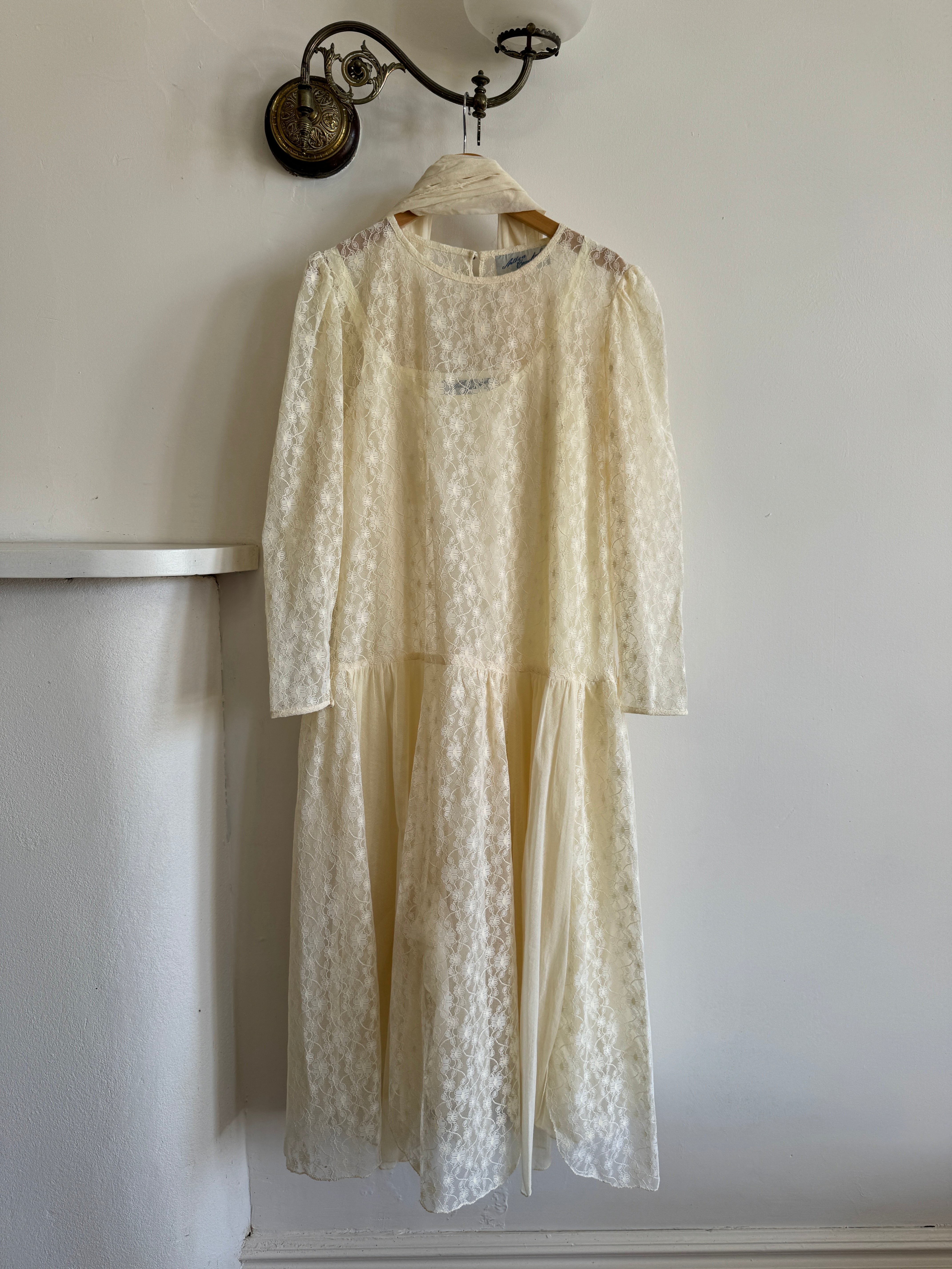 Vintage 80s Creme Lace Shift Wedding Dress With Scarf