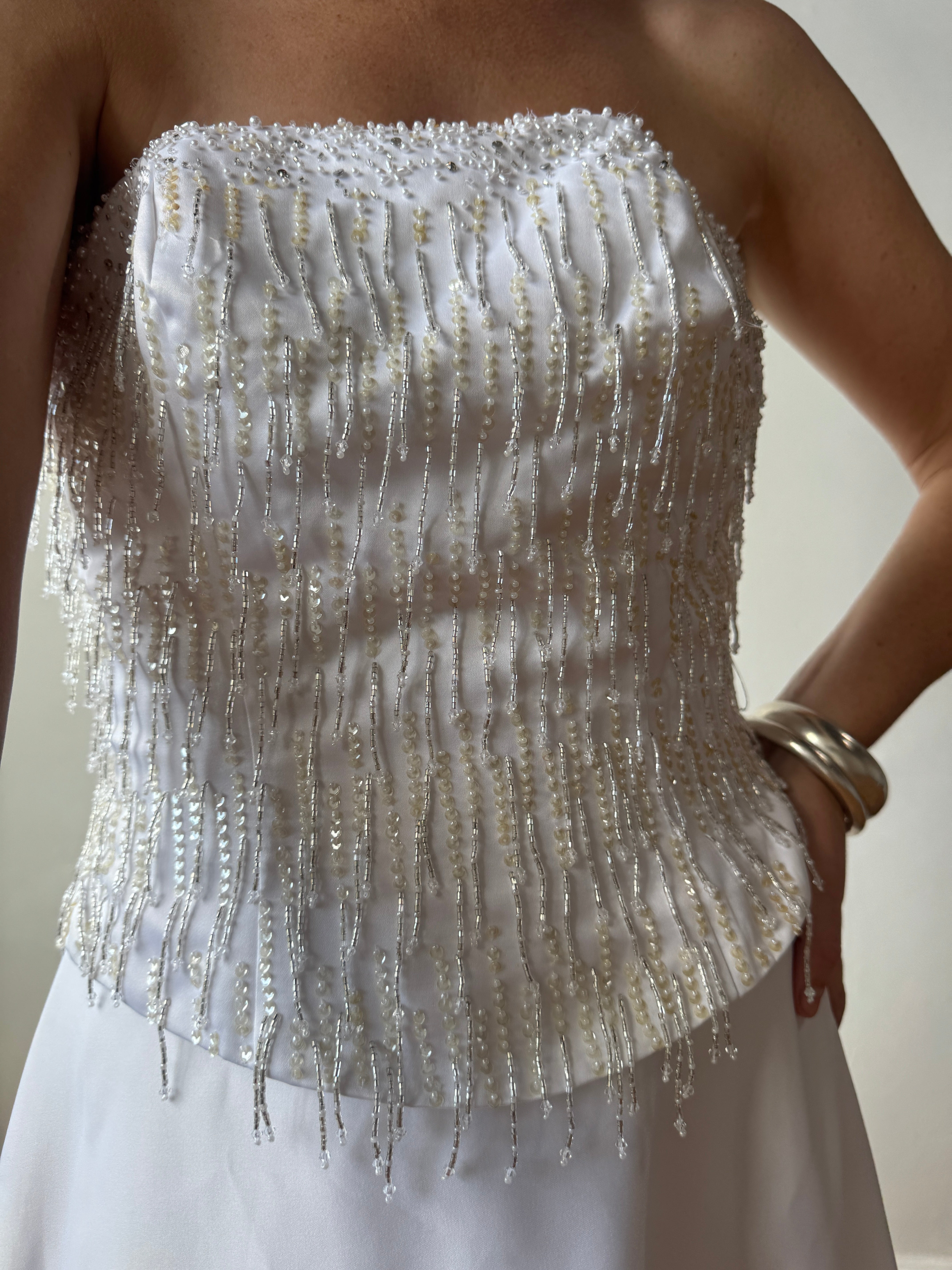 Vintage 90s Beaded Tassel Strapless Satin Wedding Gown