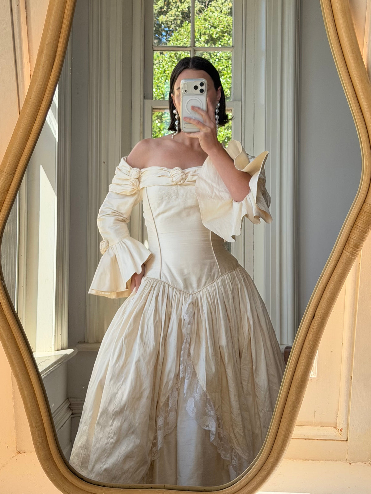 Vintage 90s Silk Dupion Off Shoulder Rosette Bridal Ballgown