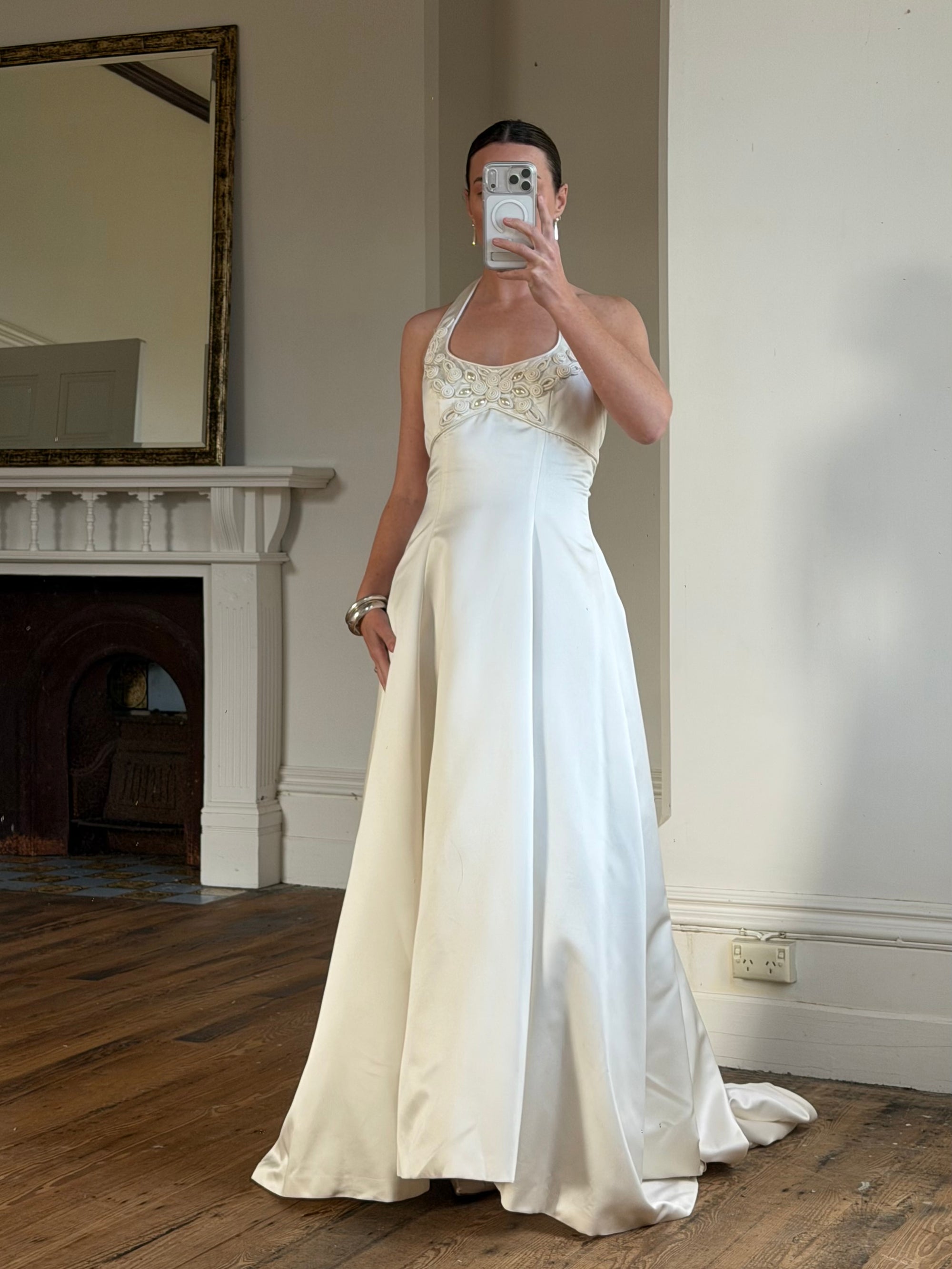 Vintage 90s Ivory Beaded Halter Bridal Ballgown