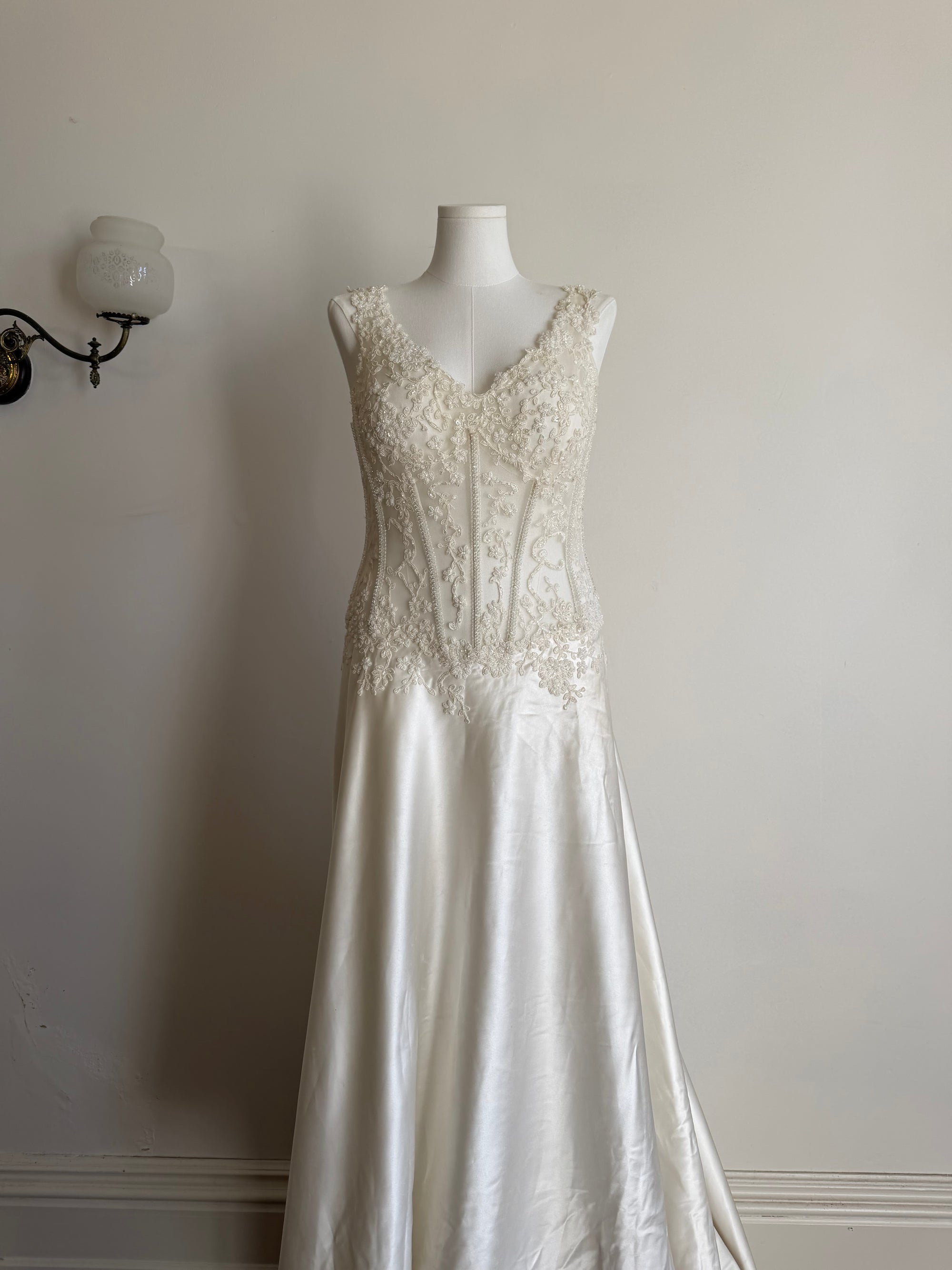 Vintage 90s Italian Naked Embroidered Satin Wedding Dress