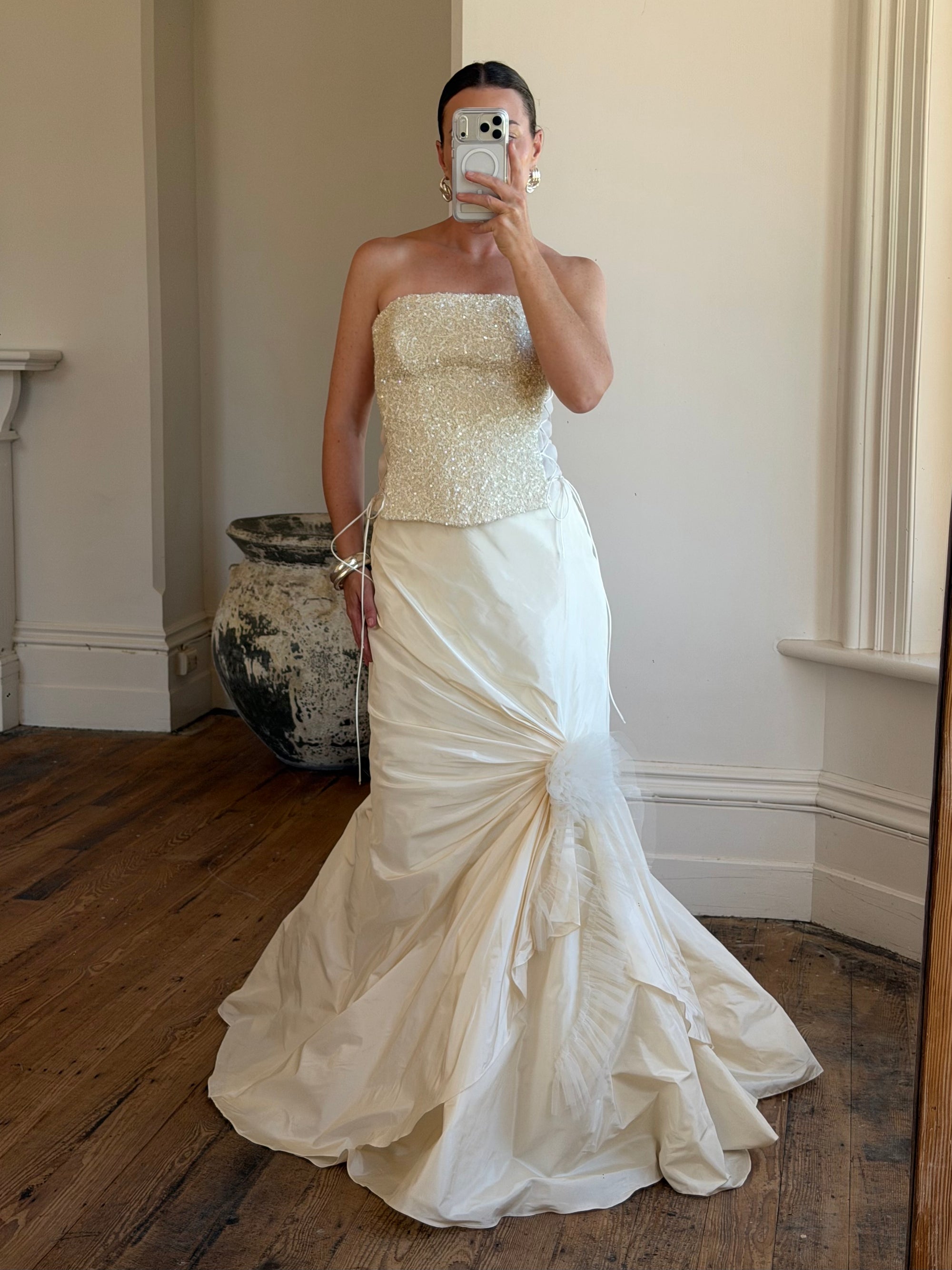 Vintage 90s Italian Pure Silk Taffeta and Sequin Bridal Set