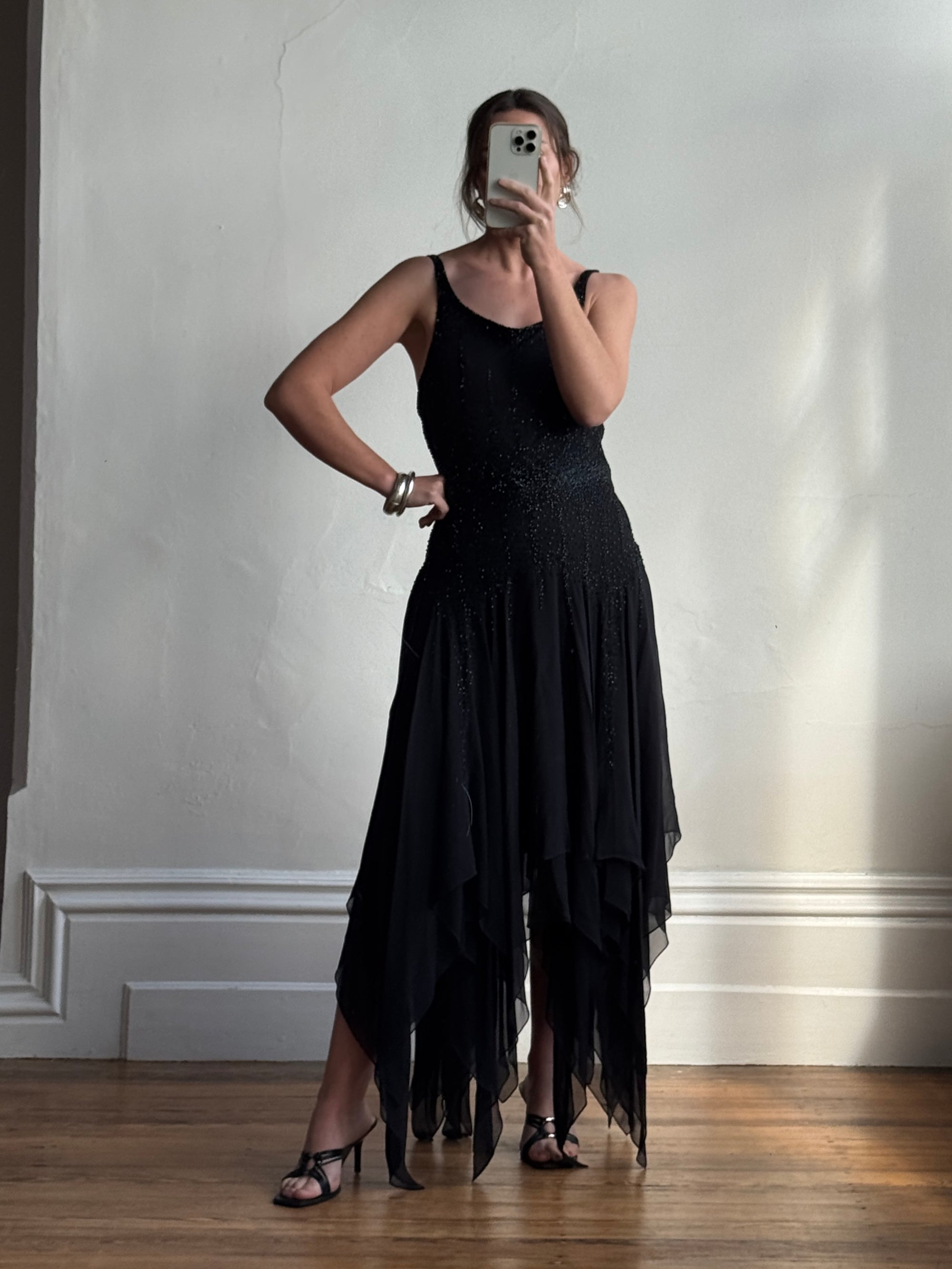 Vintage 90s Pure Silk Backless Beaded Fairy Dress Noir