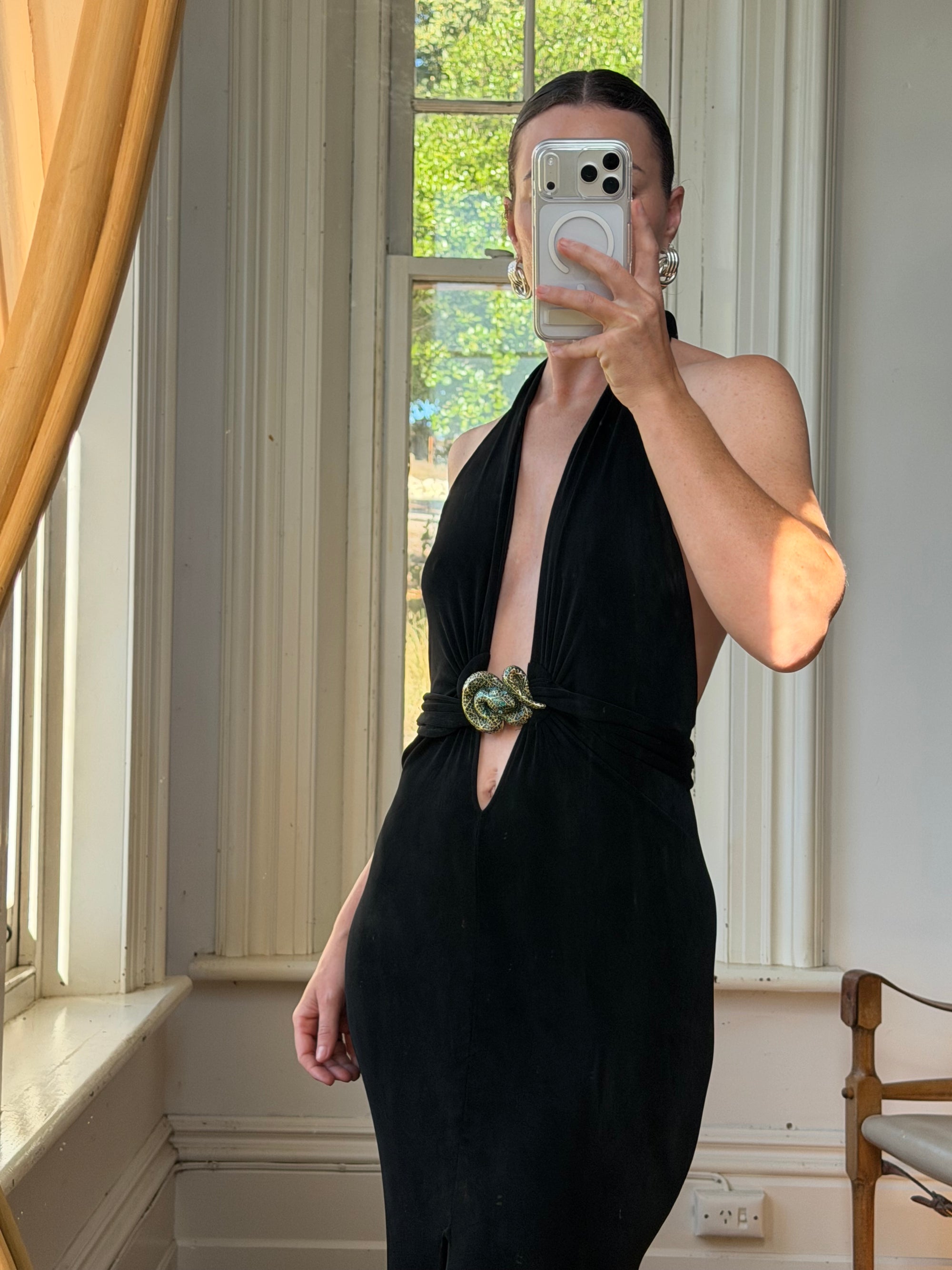 Vintage 90s Low Jersey Evening Dress Rhinestone Snake Noir