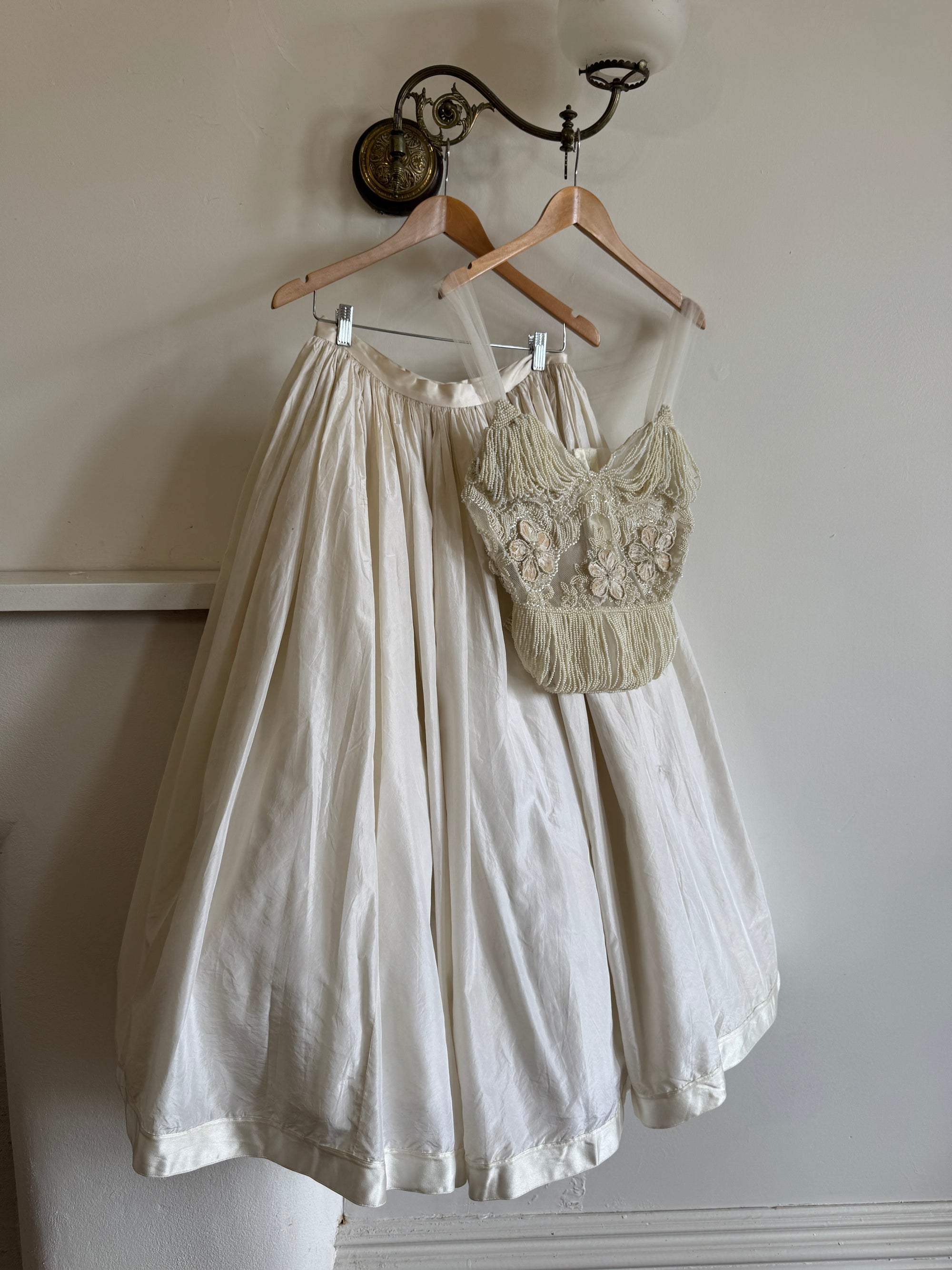 Vintage 90s Two Piece Tulle Beaded Top and Princess Silk Satin Skirt