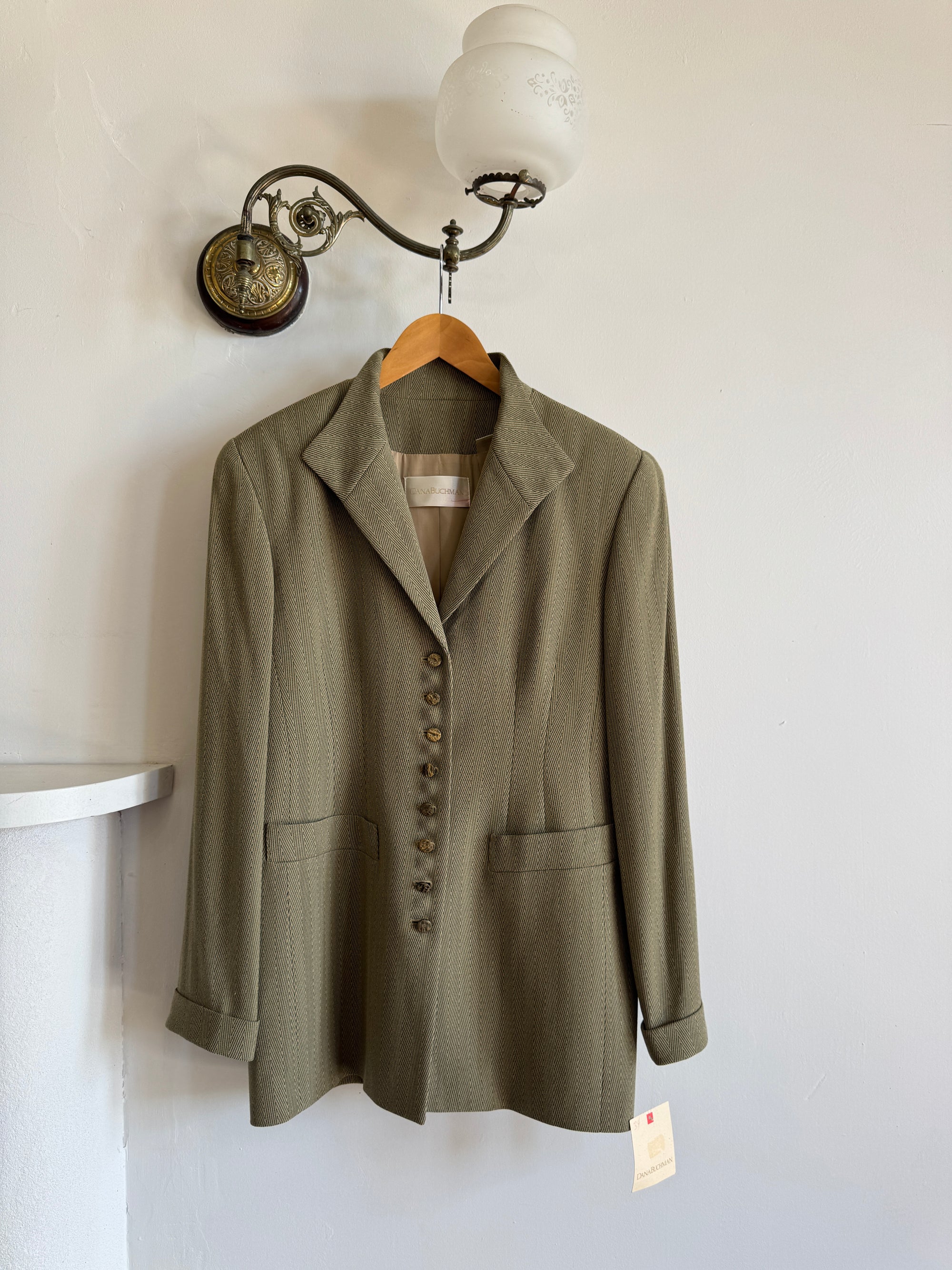 Vintage 90s Estate Olive Herringbone Wool Tailored Blazer