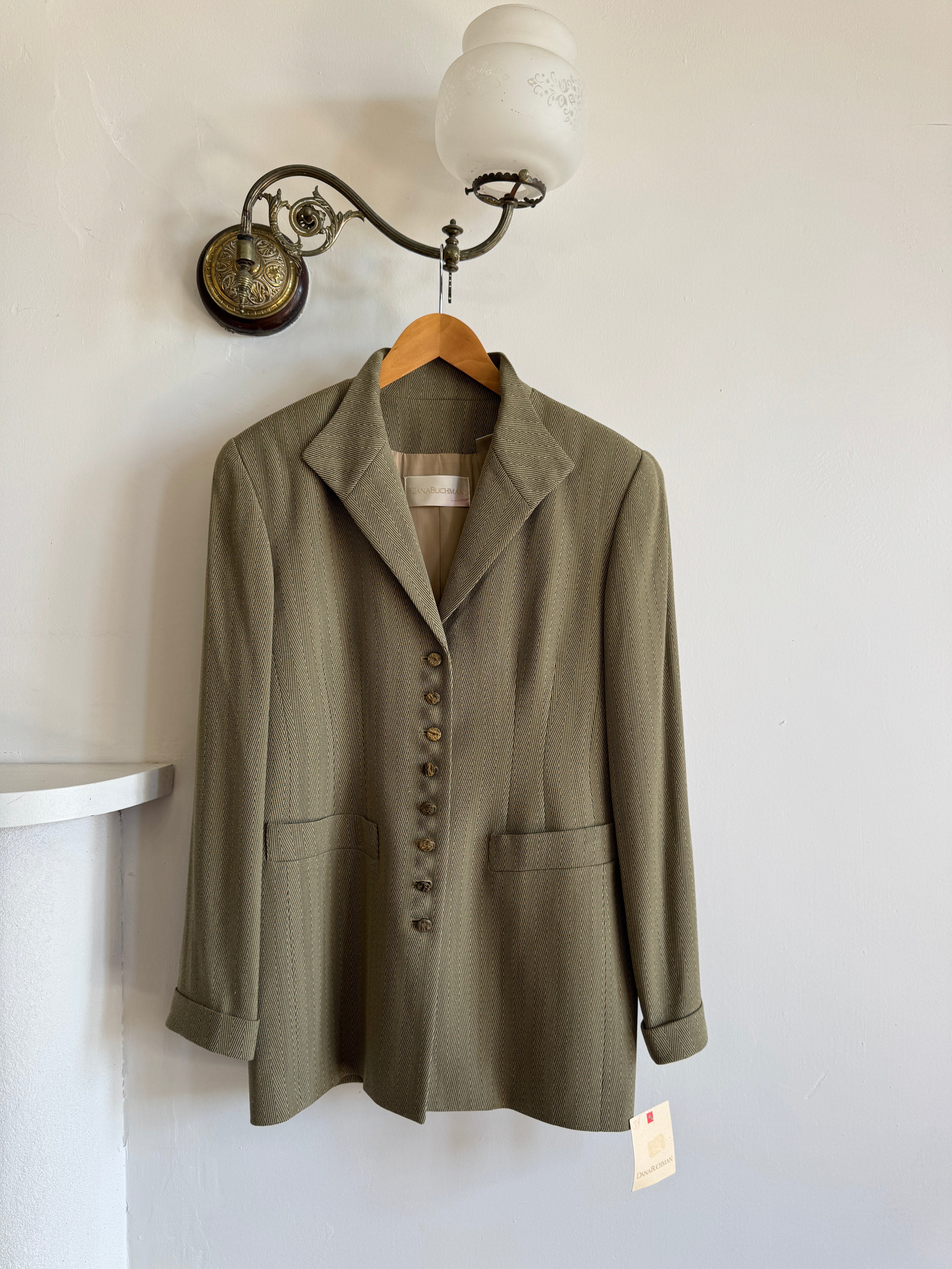 Vintage 90s Estate Olive Herringbone Wool Tailored Blazer
