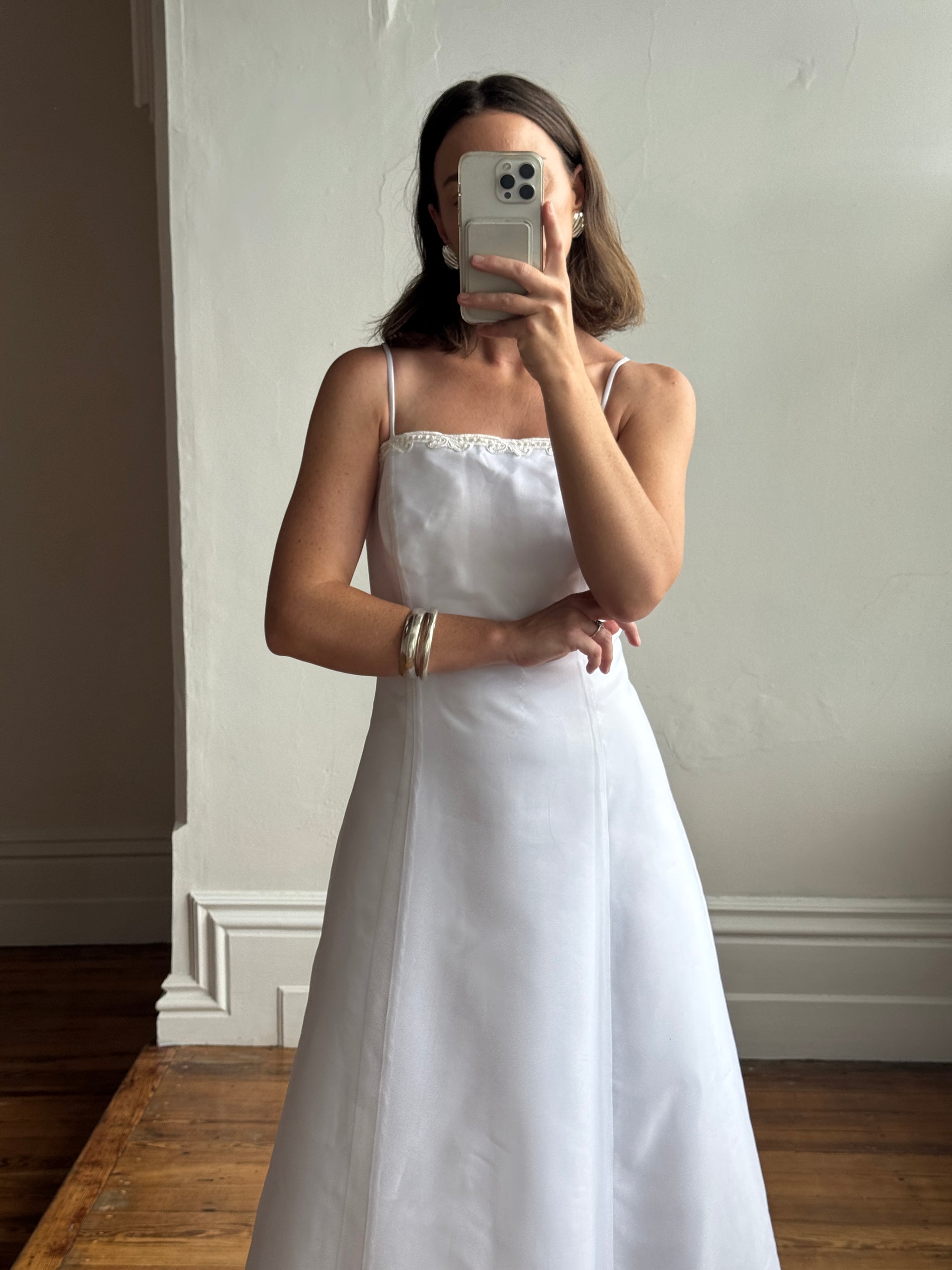 Vintage 90s Square Cut Lace Up Slip Wedding Dress