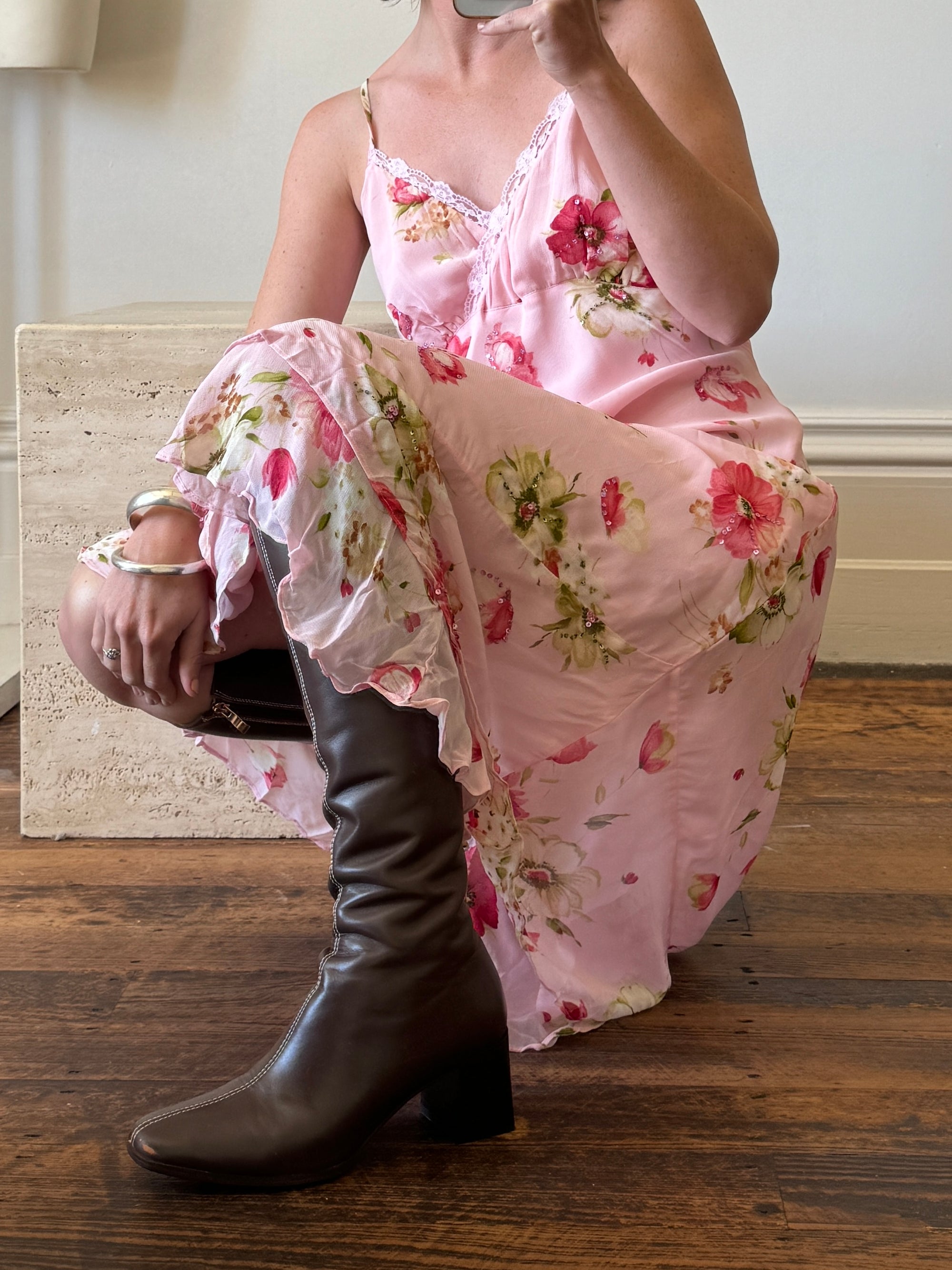 Vintage Y2K Floral Embellished Slip Dress Baby Pink