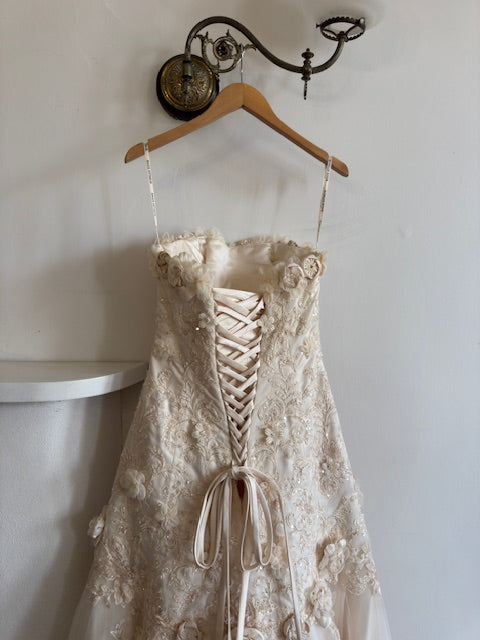 Vintage 90s Haute Couture 3D Floral Strapless Wedding Gown