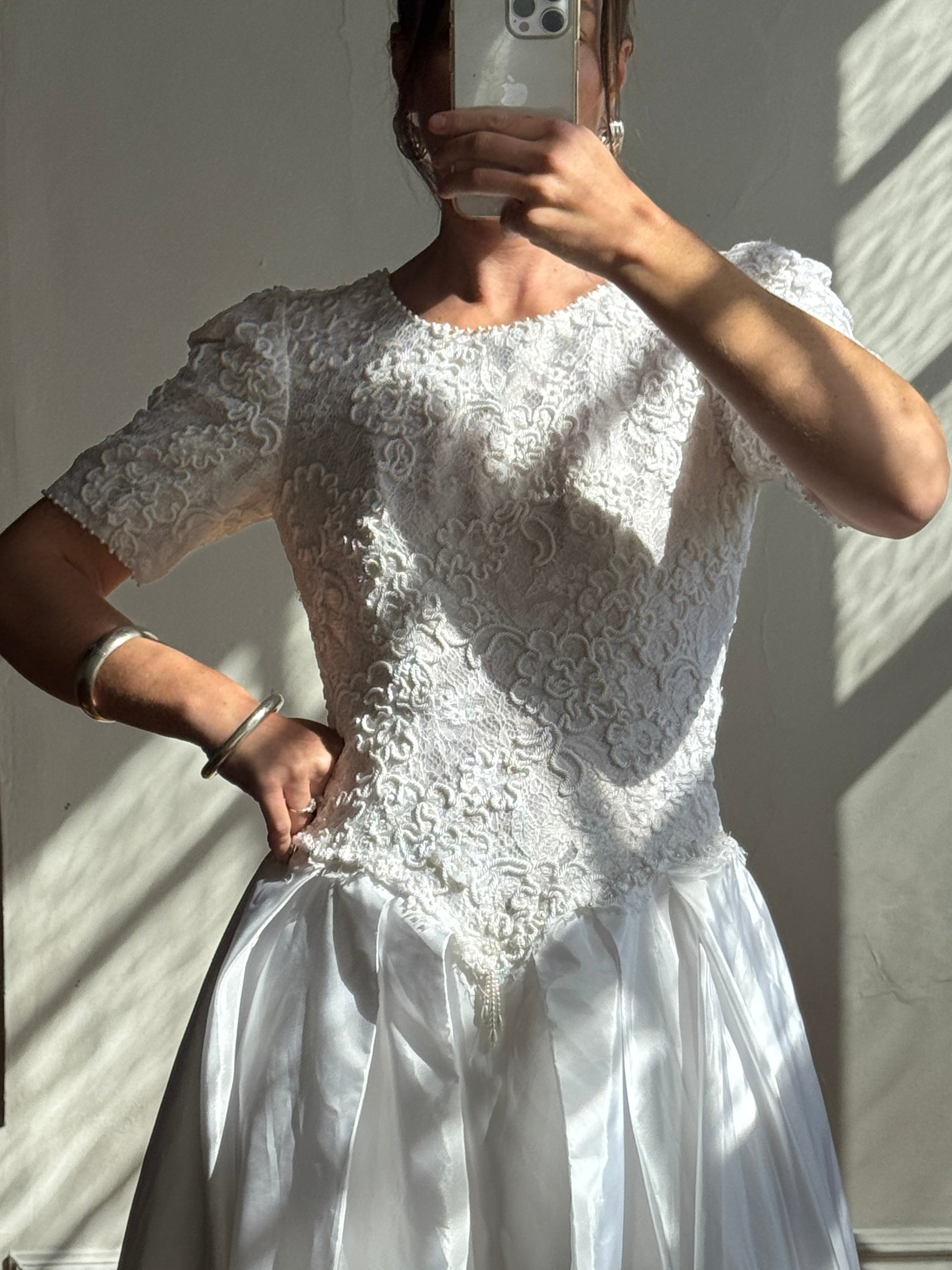 Vintage 80s Rope Embroidered Taffeta Wedding Gown