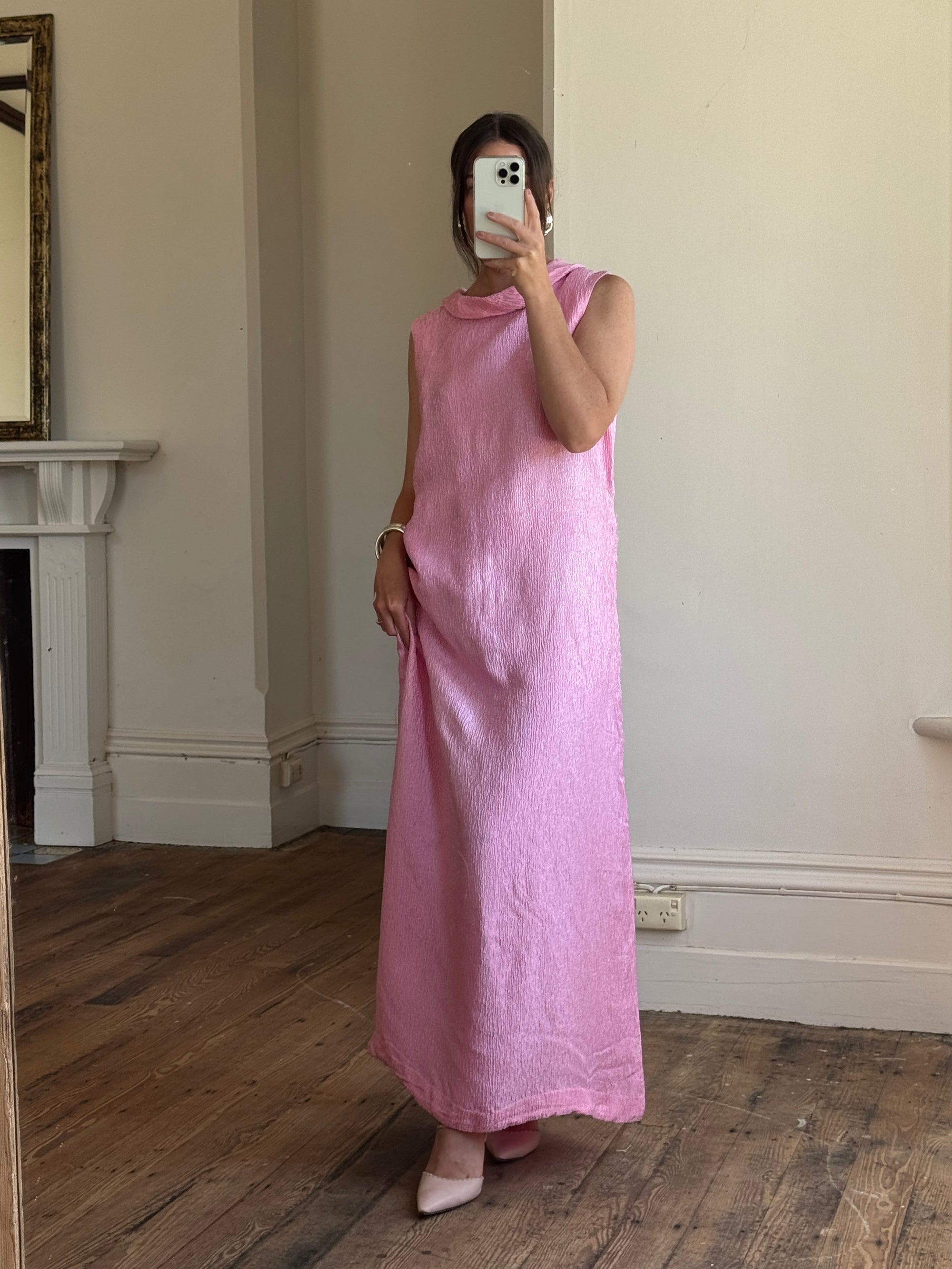Vintage 80s Boat Neck Crinkle Dress Hot Pink